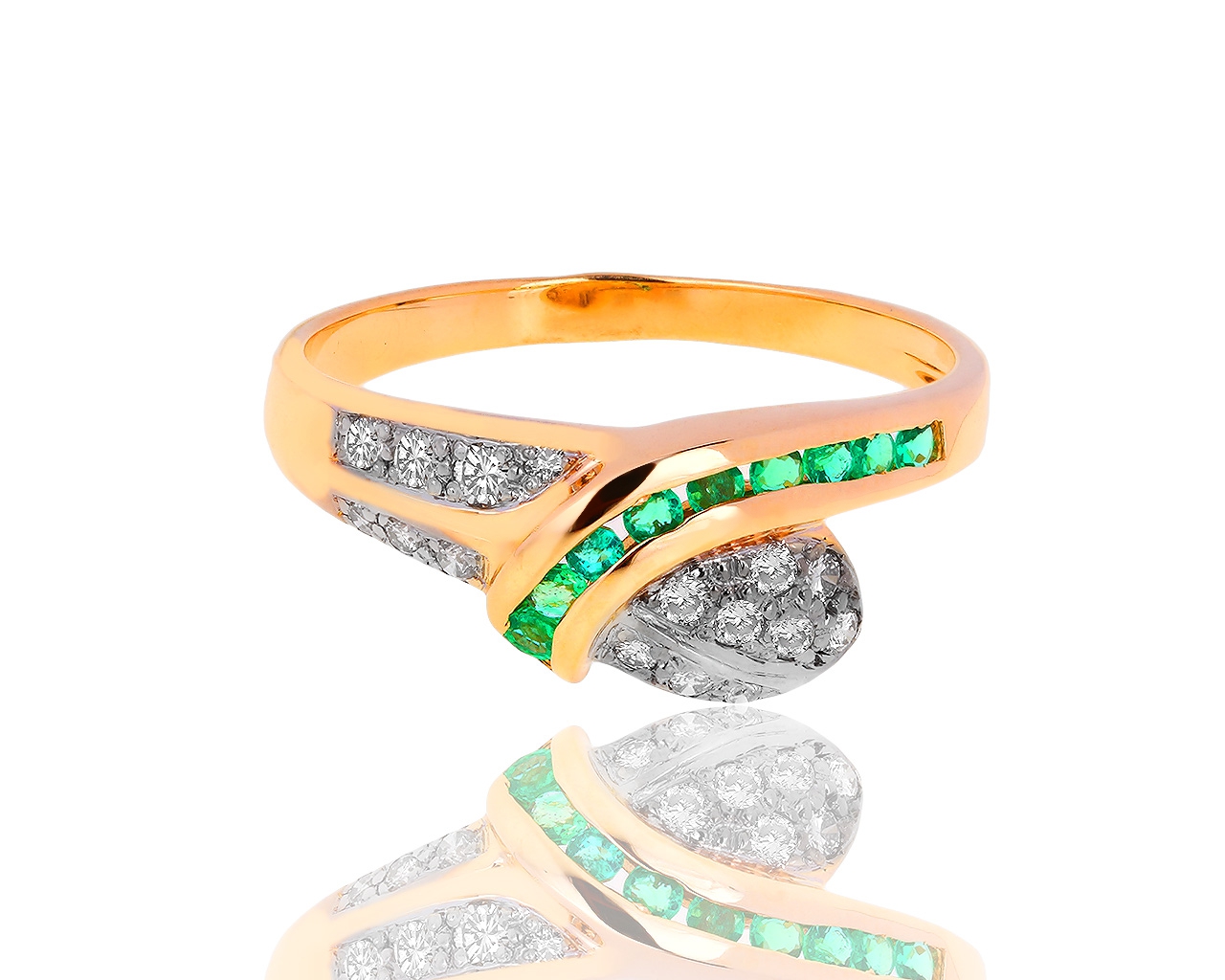 Интересное золотое кольцо с бриллиантами и изумрудами 160718/4