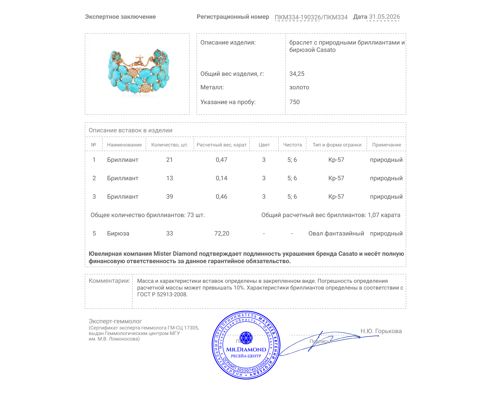 Оригинальный золотой браслет с бирюзой 72.20ct Casato Tai Mee