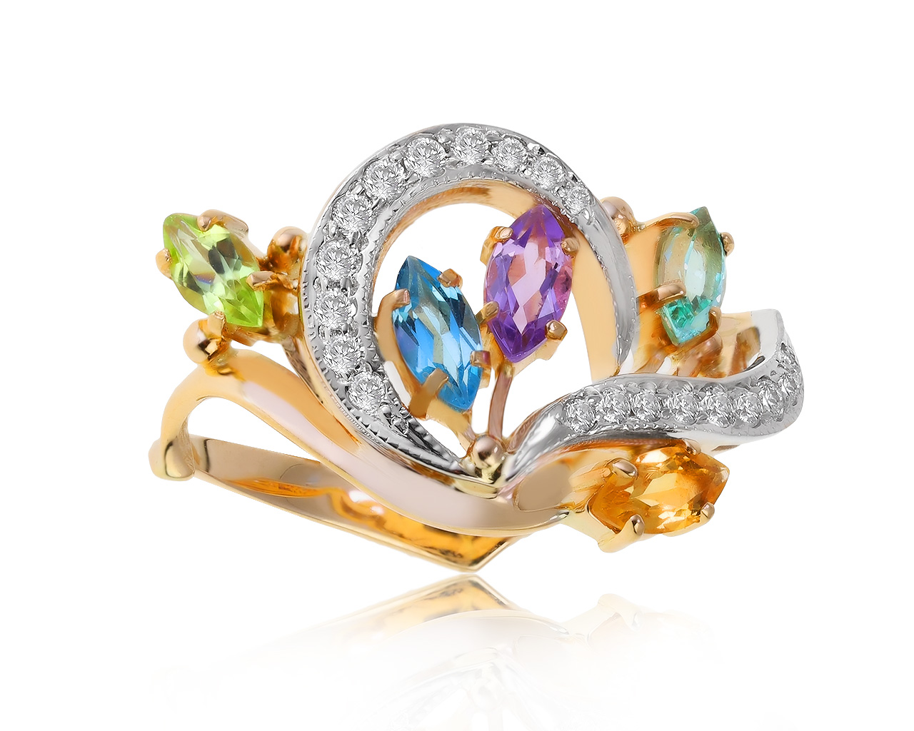 Коктейльное золотое кольцо с цветными камнями 0.89ct