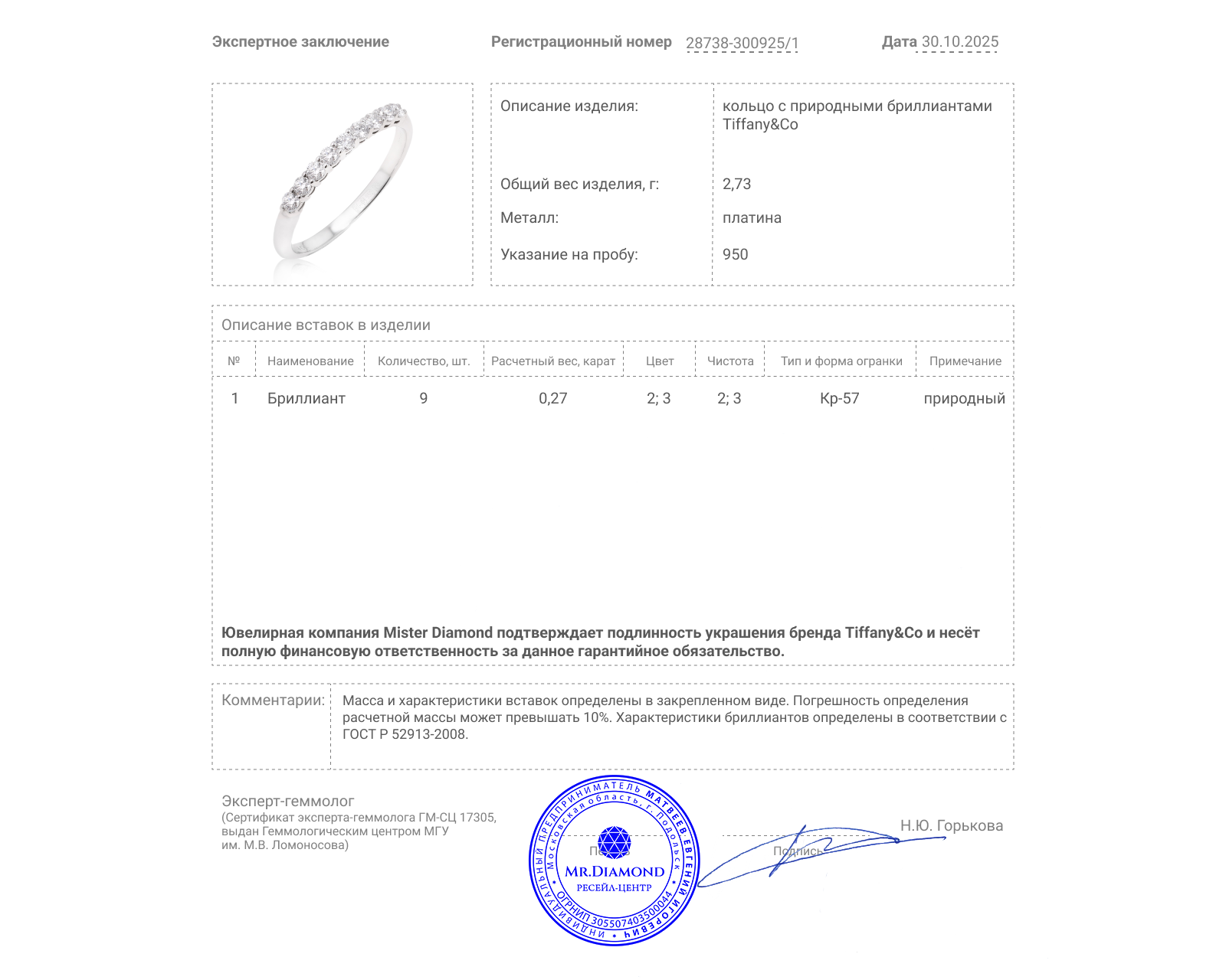 Оригинальное платиновое кольцо с бриллиантами 0.27ct Tiffany&Co Forever