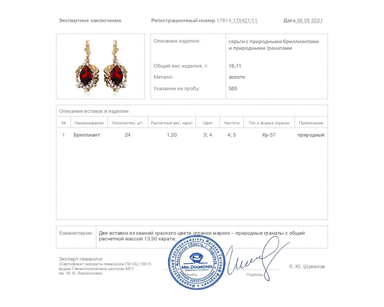 Шикарные золотые серьги с гранатами 13.90ct