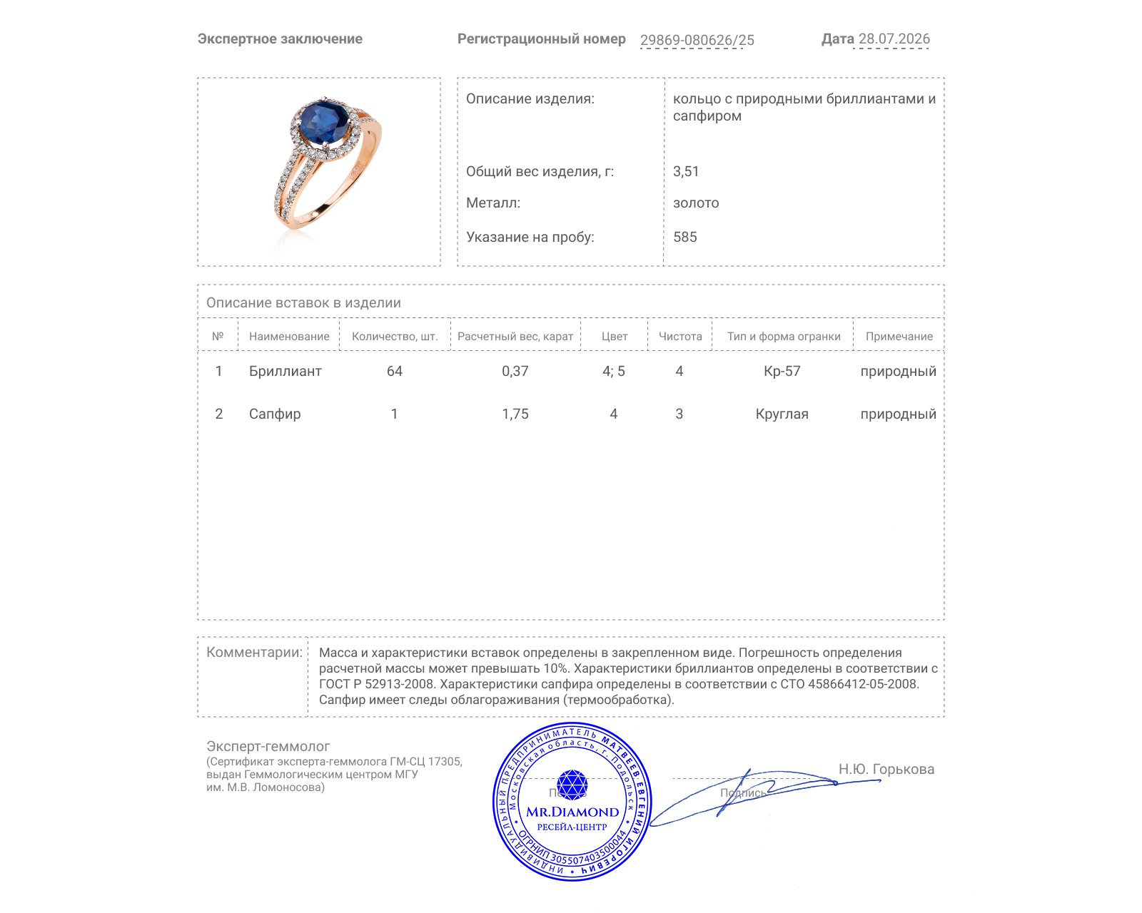 Золотое кольцо с сапфиром 1.75ct и бриллиантами 0.37ct