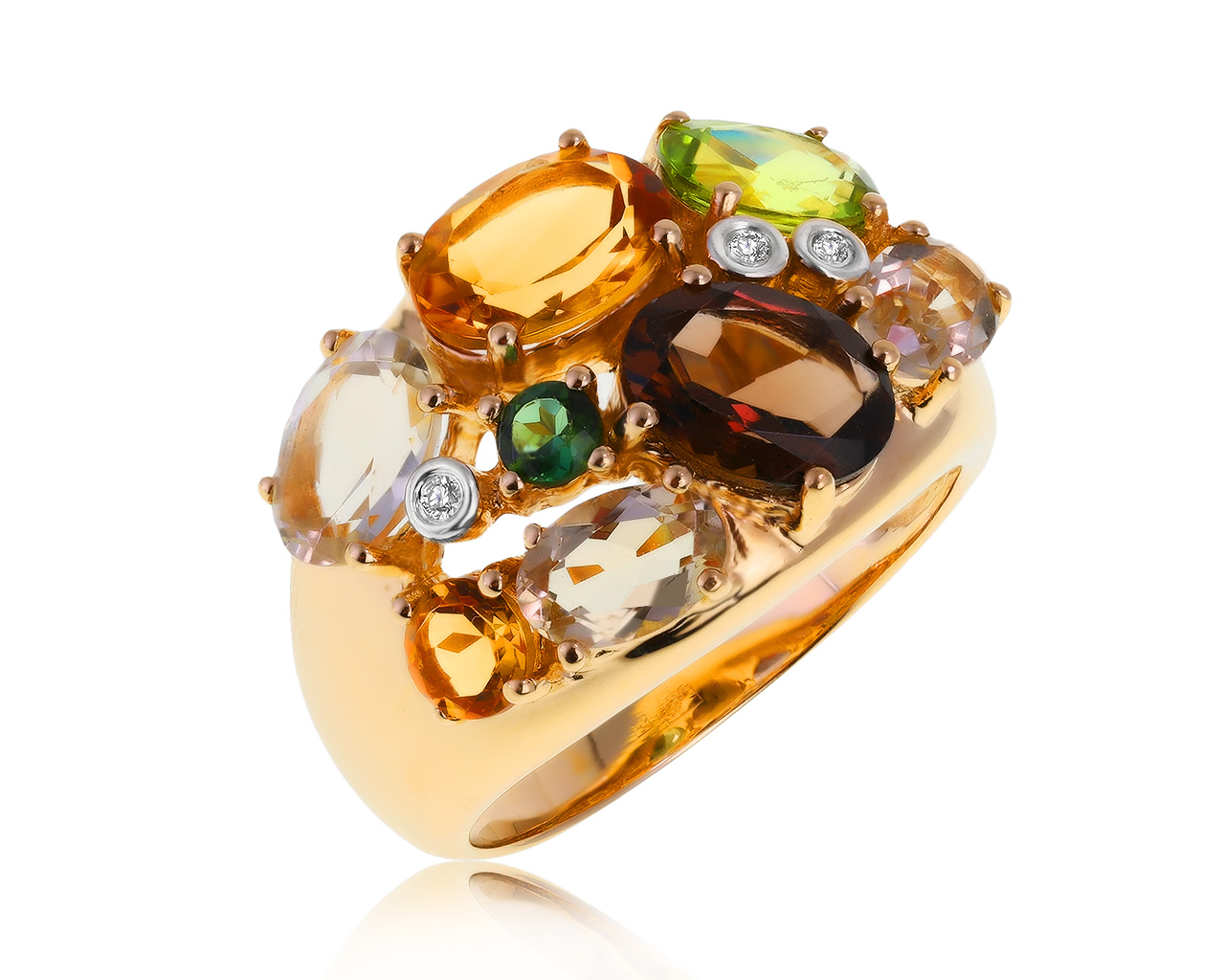 Праздничное золотое кольцо с цветными камнями 3.15ct