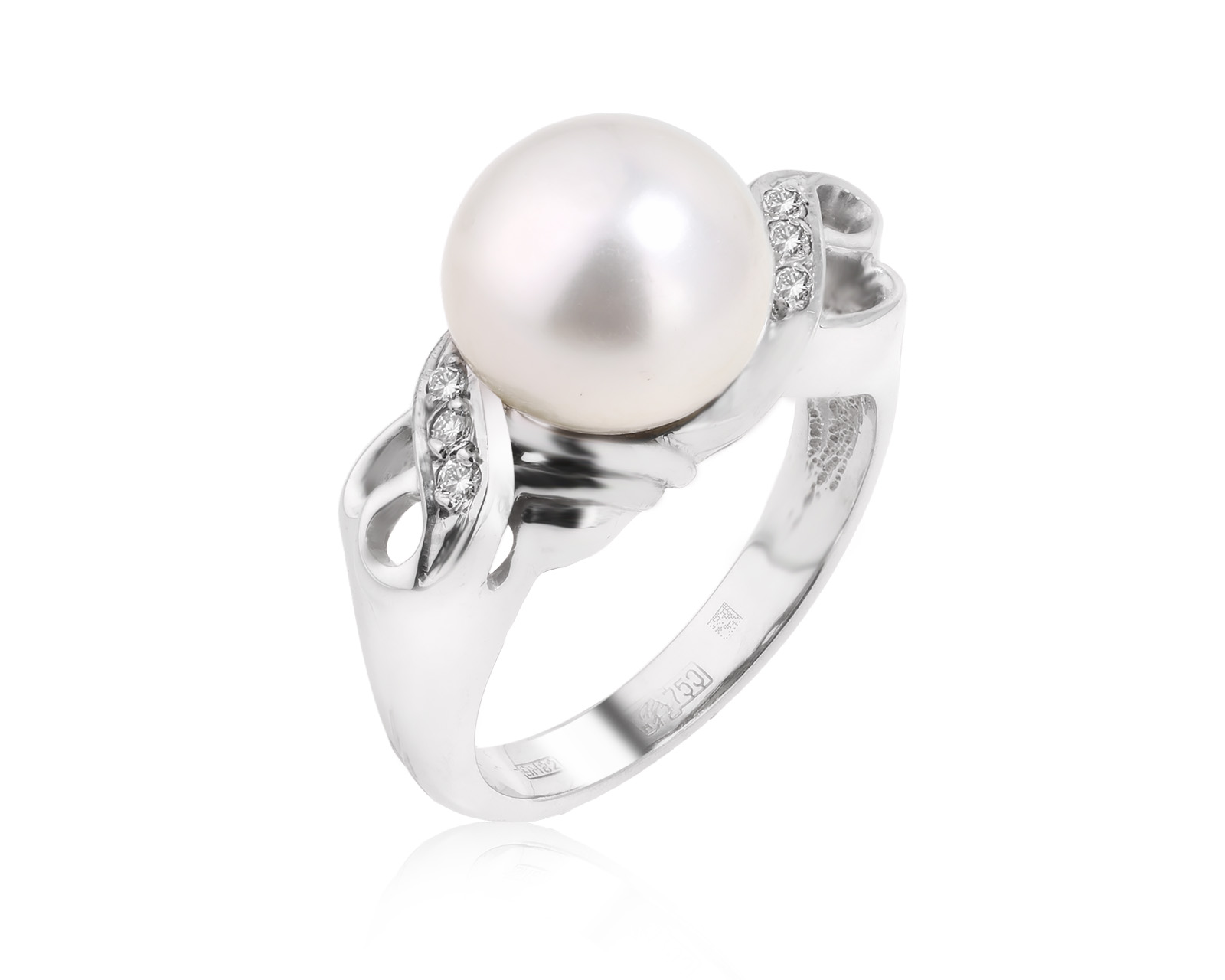 Золотое кольцо с жемчугом 10.00 мм и бриллиантами 0.07ct 180126/1