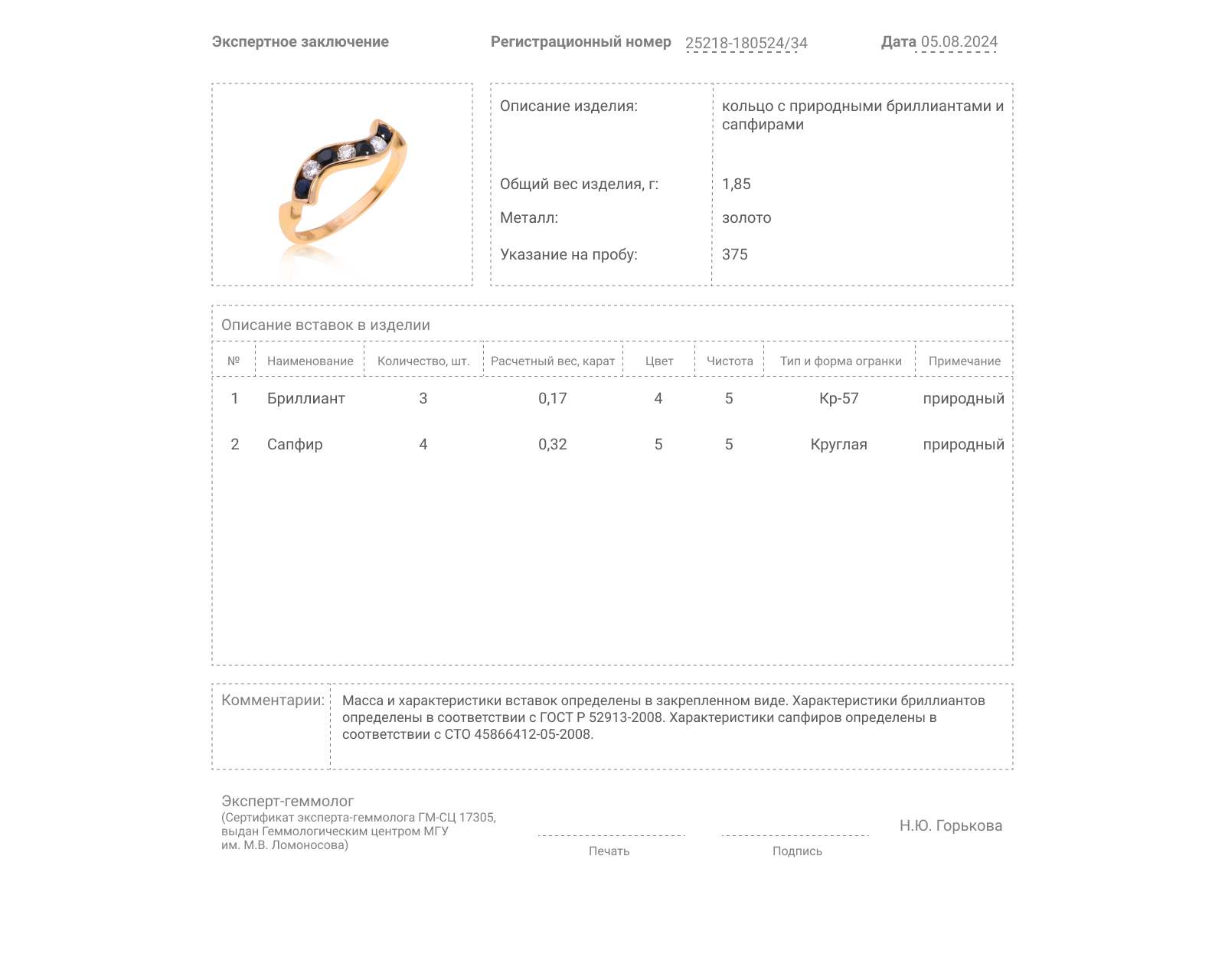 Золотое кольцо с сапфирами 0.32ct и бриллиантами 0.17ct