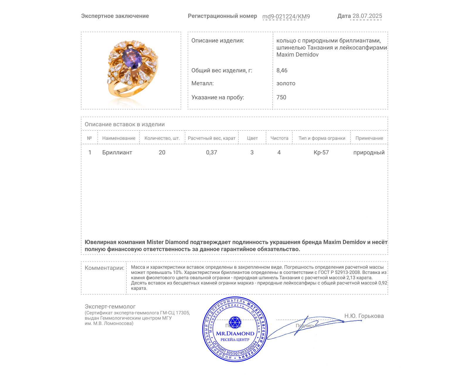 Оригинальное золотое кольцо со шпинелью Танзания 2.13ct Maxim Demidov
