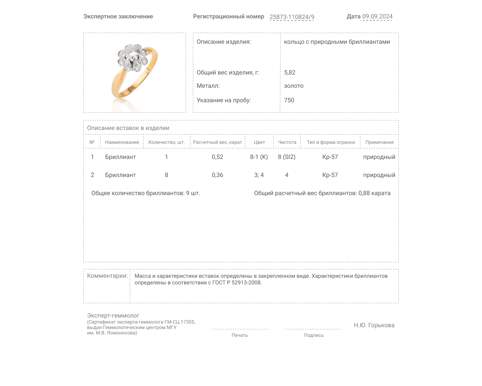 Золотое кольцо с бриллиантами 0.88ct СССР