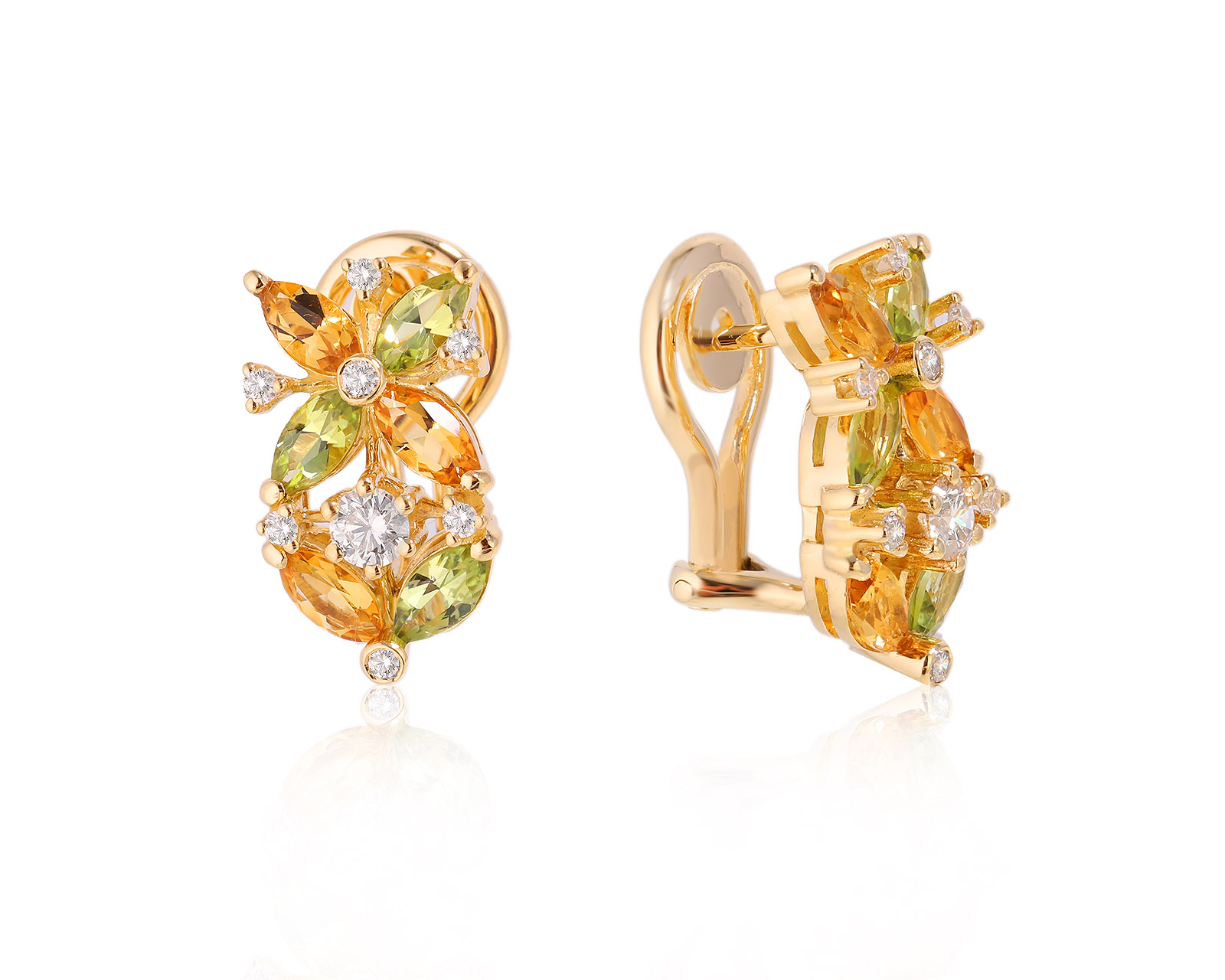 Золотые серьги с хризолитами 1.50ct и цитринами 1.20ct