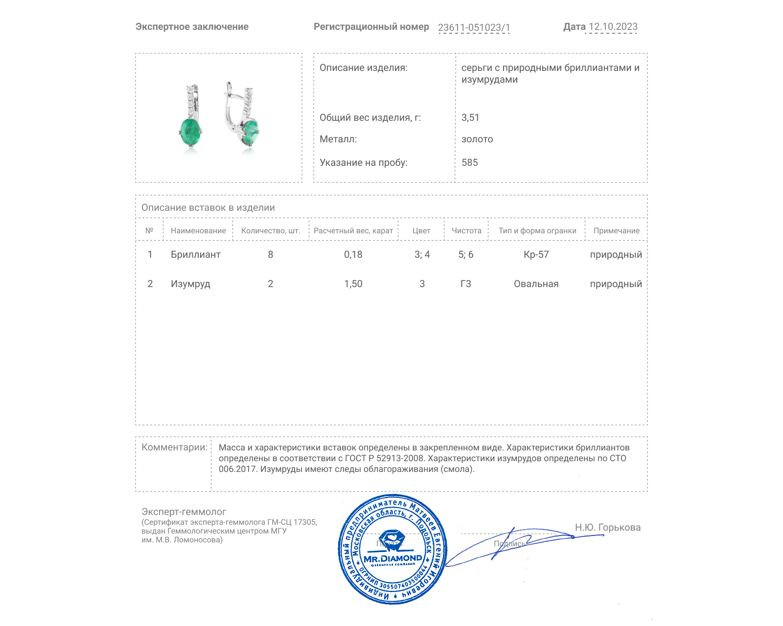 Золотые серьги с изумрудами 1.50ct и бриллиантами 0.18ct