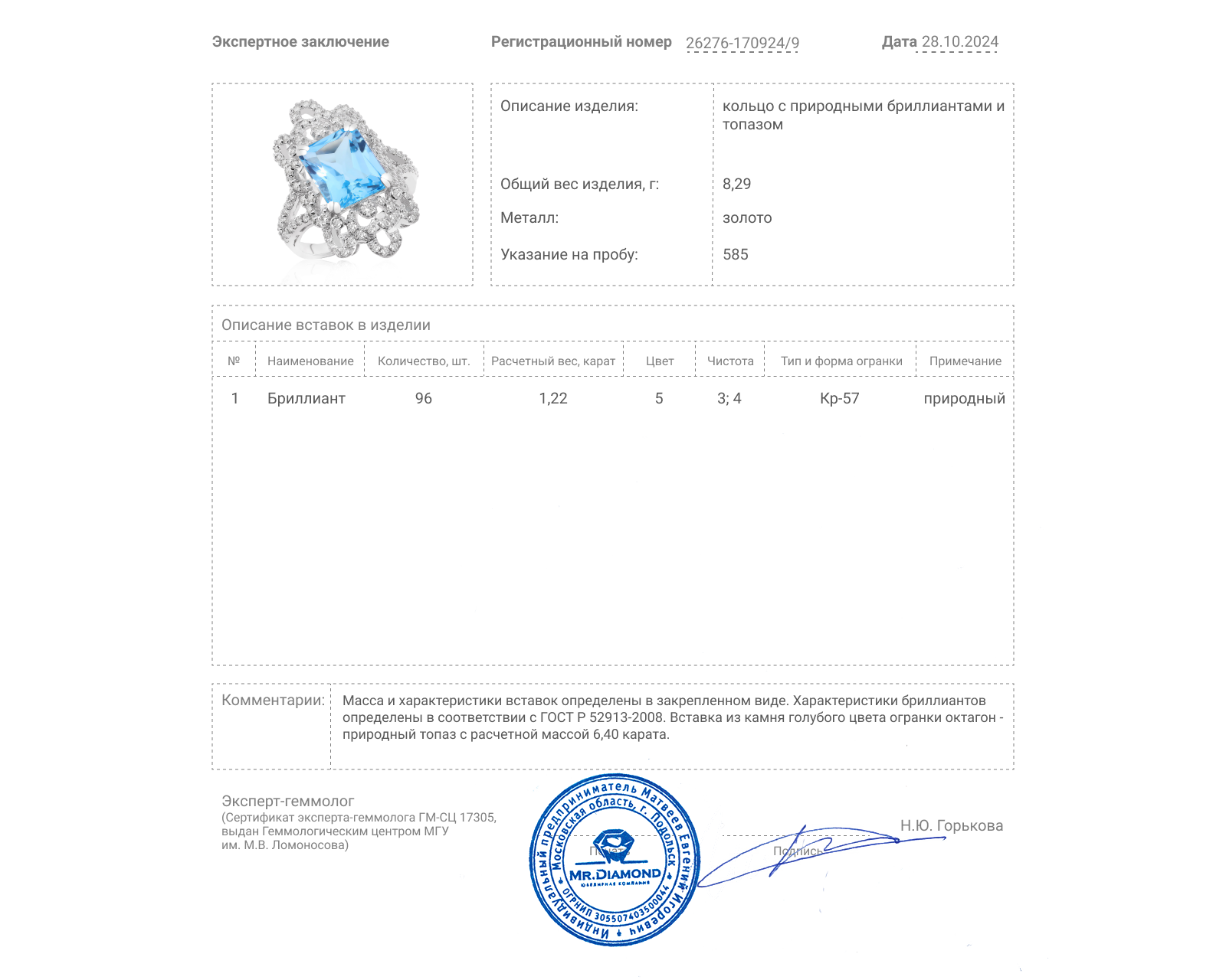 Золотое кольцо с топазом 6.40ct и бриллиантами 1.22ct