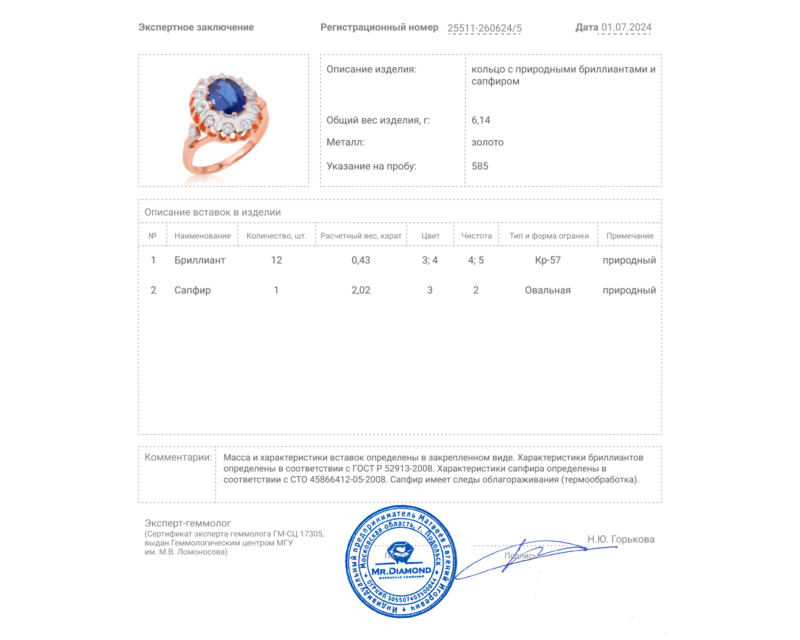 Золотое кольцо с сапфиром 2.02ct и бриллиантами 0.43ct