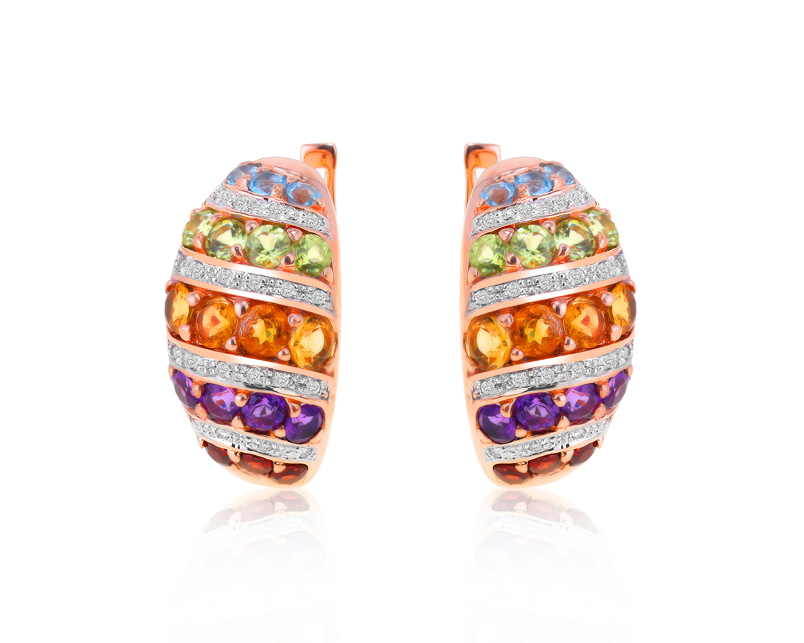 Коктейльные золотые серьги с цветными камнями 3.09ct