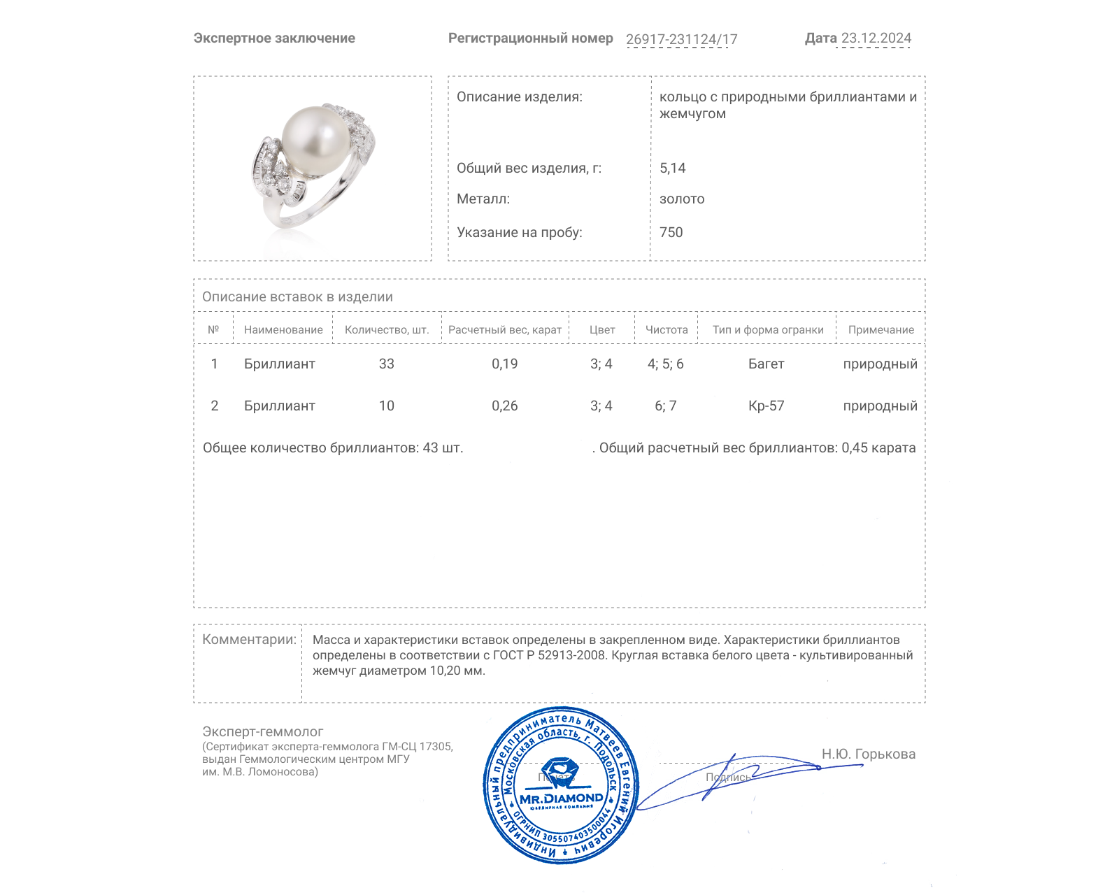 Золотое кольцо с жемчугом 10.20 мм и бриллиантами 0.45ct