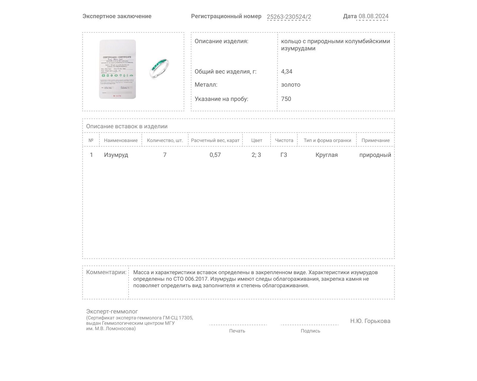 Золотое кольцо с колумбийскими изумрудами 0.57ct