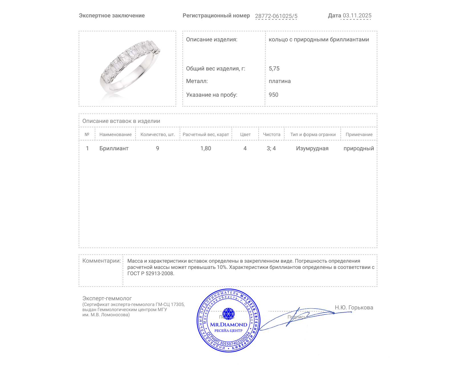 Платиновое кольцо с бриллиантами 1.80ct