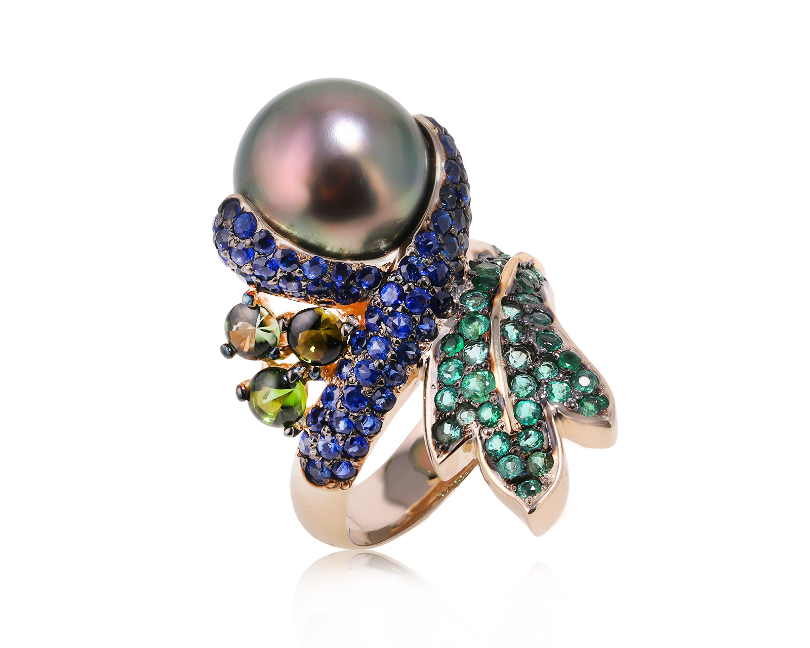 Золотое кольцо с жемчугом и цветными камнями 2.28ct 231224/11