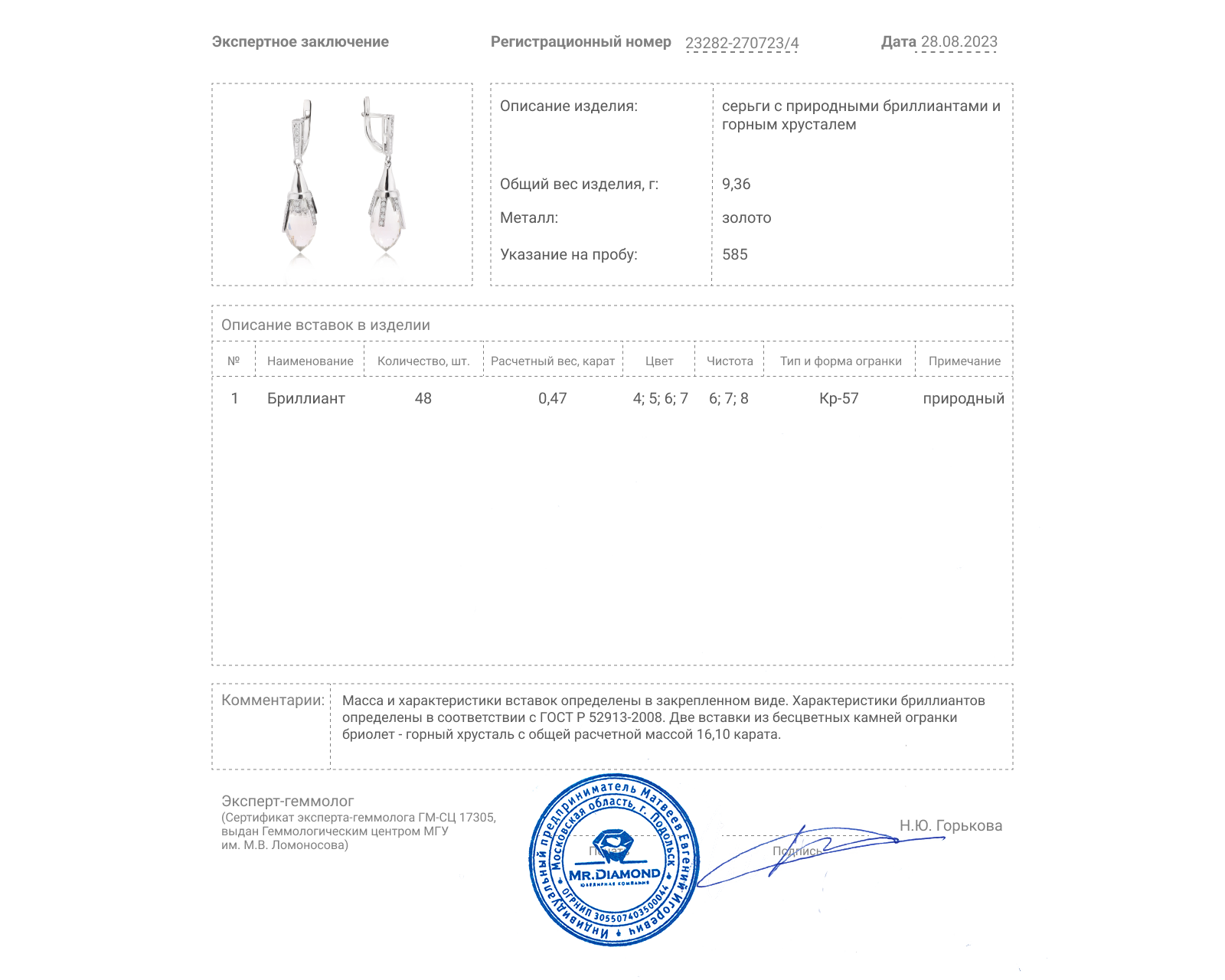 Золотые серьги с горным хрусталем 16.10ct