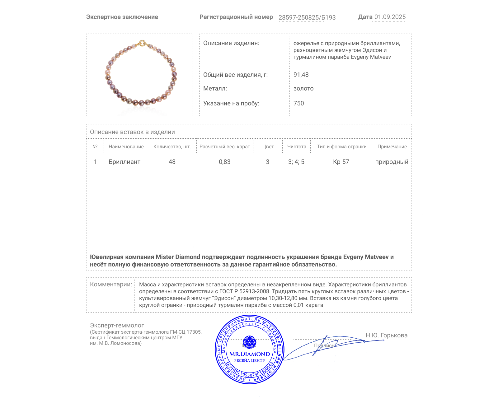 Золотое ожерелье с жемчугом и бриллиантами 0.83ct Evgeny Matveev