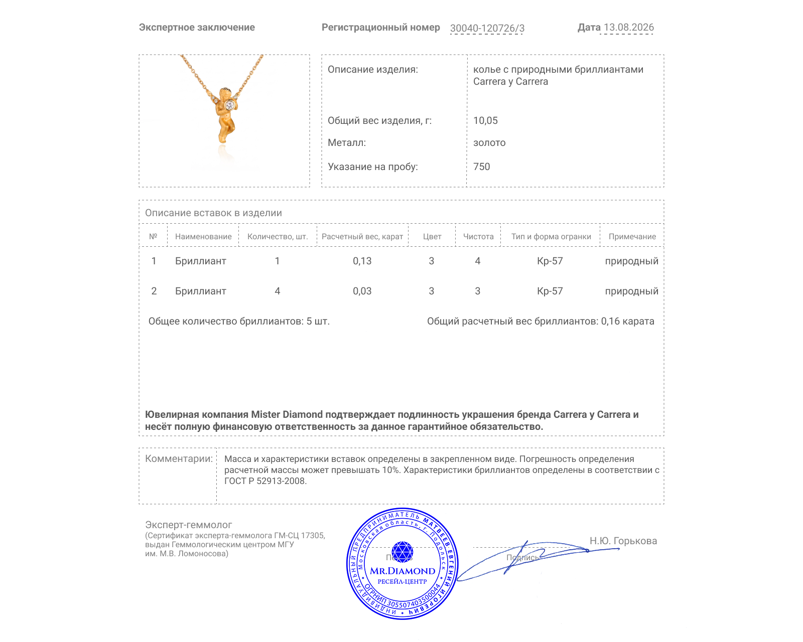 Оригинальное золотое колье с бриллиантами 0.16ct Carrera y Carrera My Angel