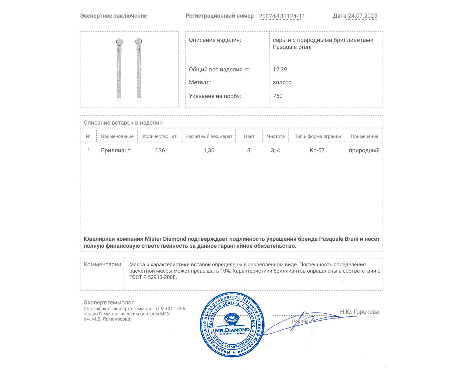 Оригинальные золотые серьги с бриллиантами 1.36ct Pasquale Bruni