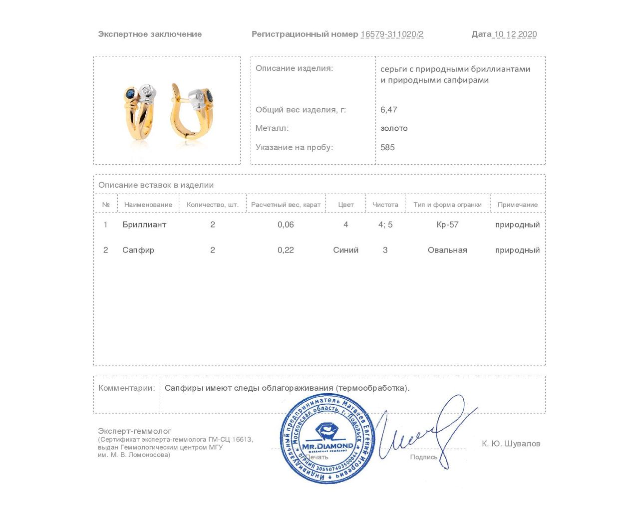 Стильные золотые серьги с сапфирами 0.22ct