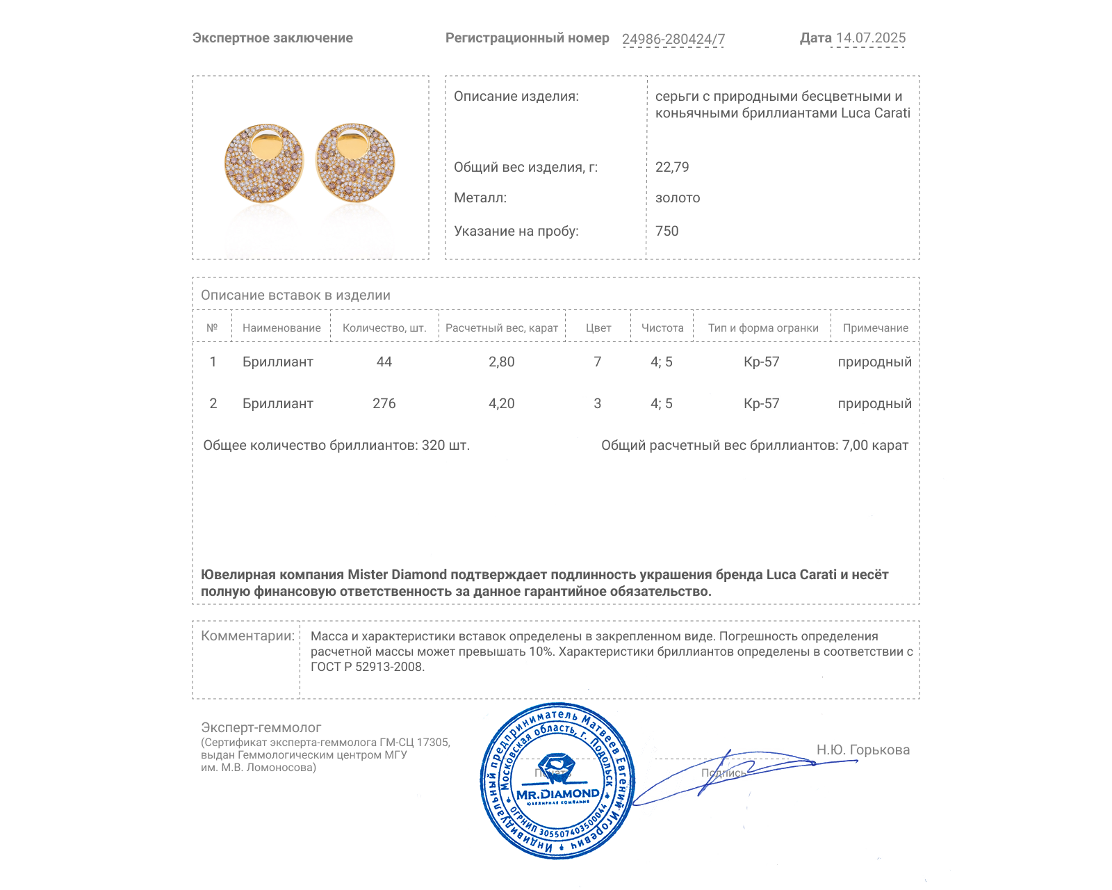 Оригинальные золотые серьги с бриллиантами 7.00ct Luca Carati
