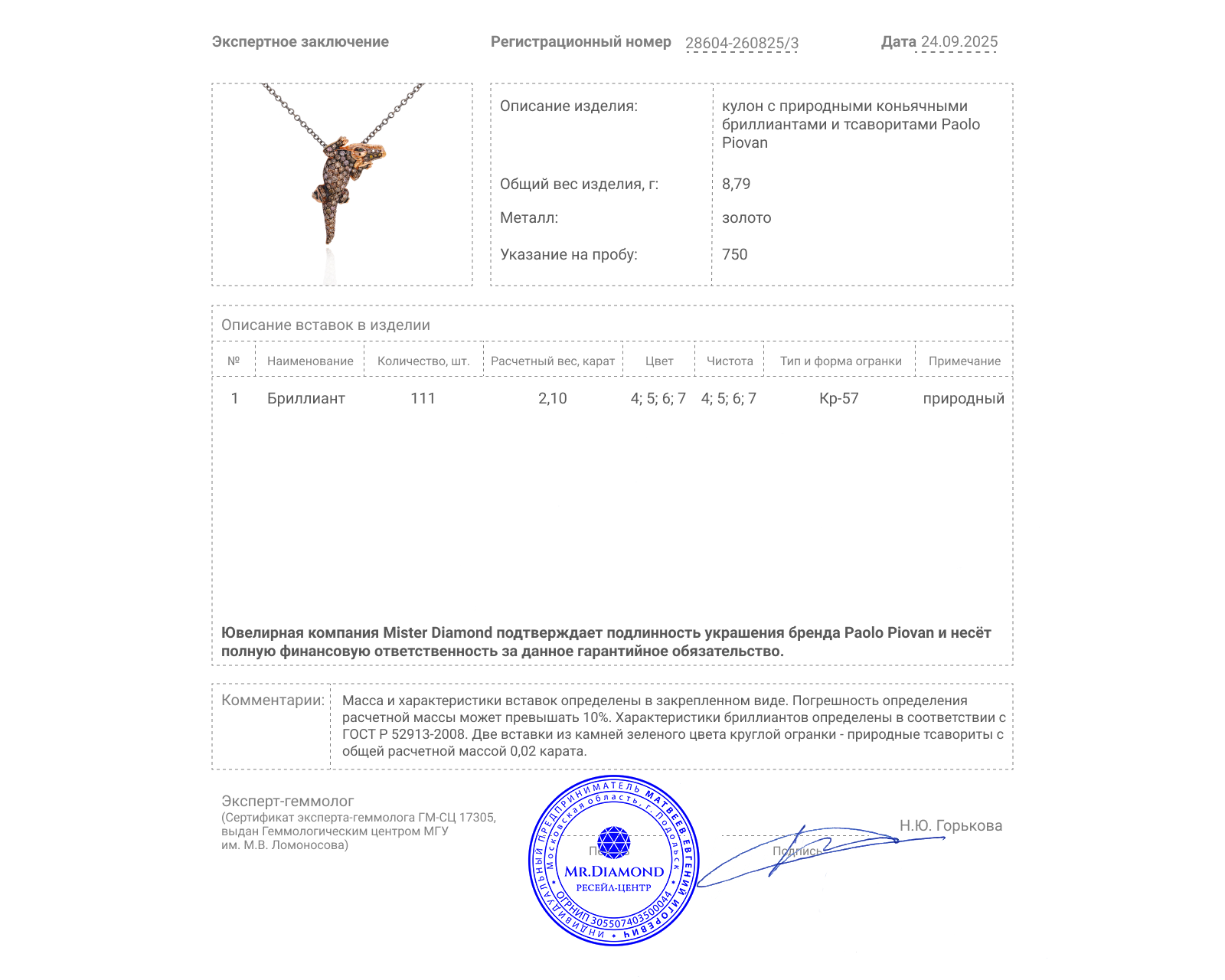 Оригинальный золотой кулон с бриллиантами 2.10ct Paolo Piovan