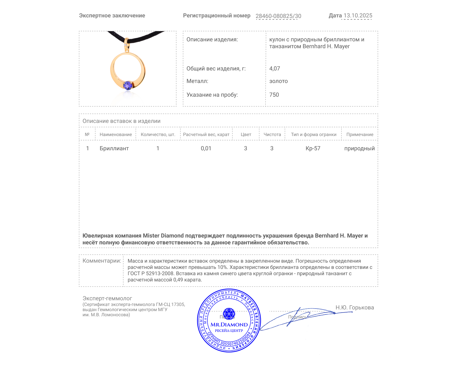 Оригинальный золотой кулон Bernhard H. Mayer Blue Breeze