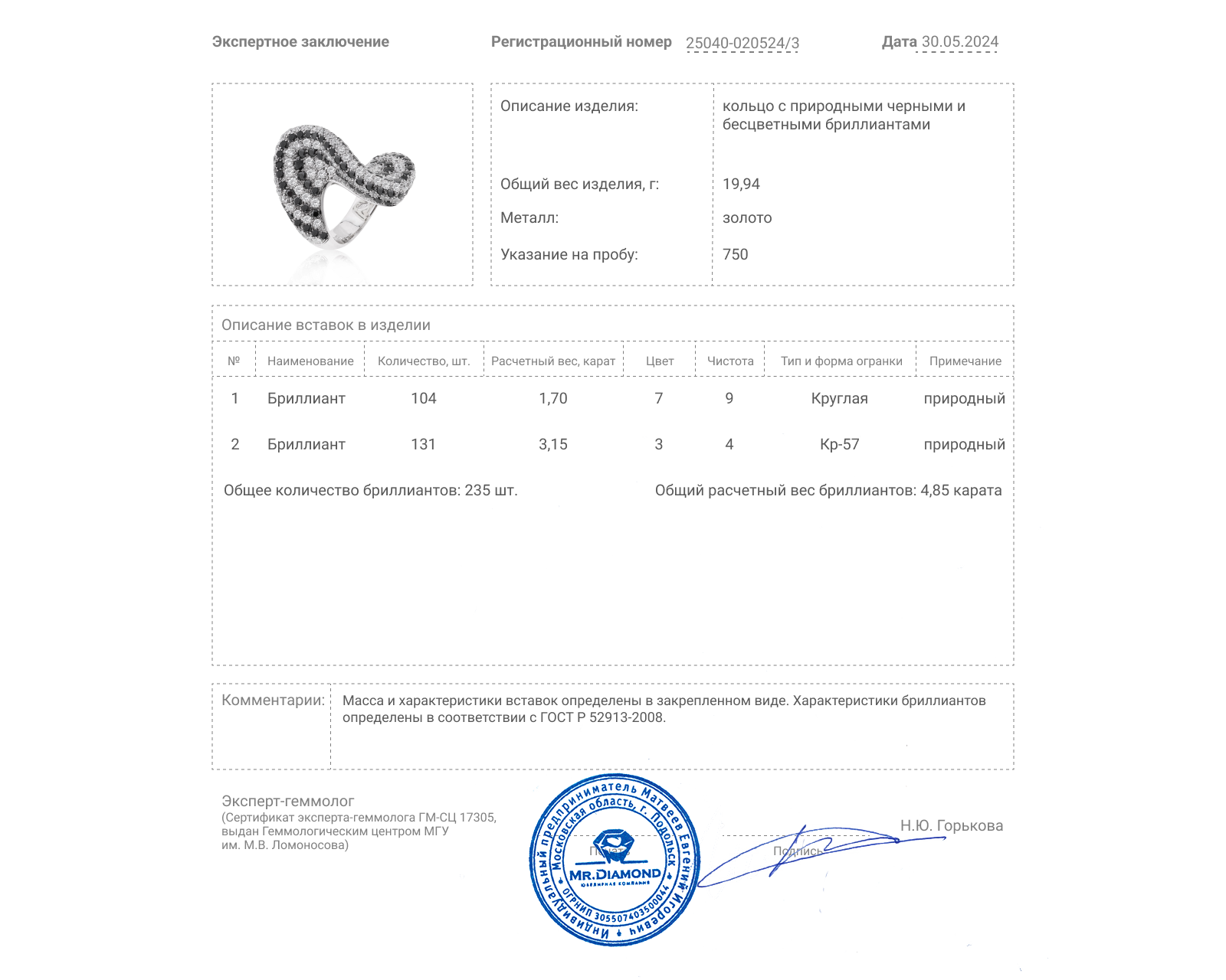 Золотое кольцо с бриллиантами 4.85ct