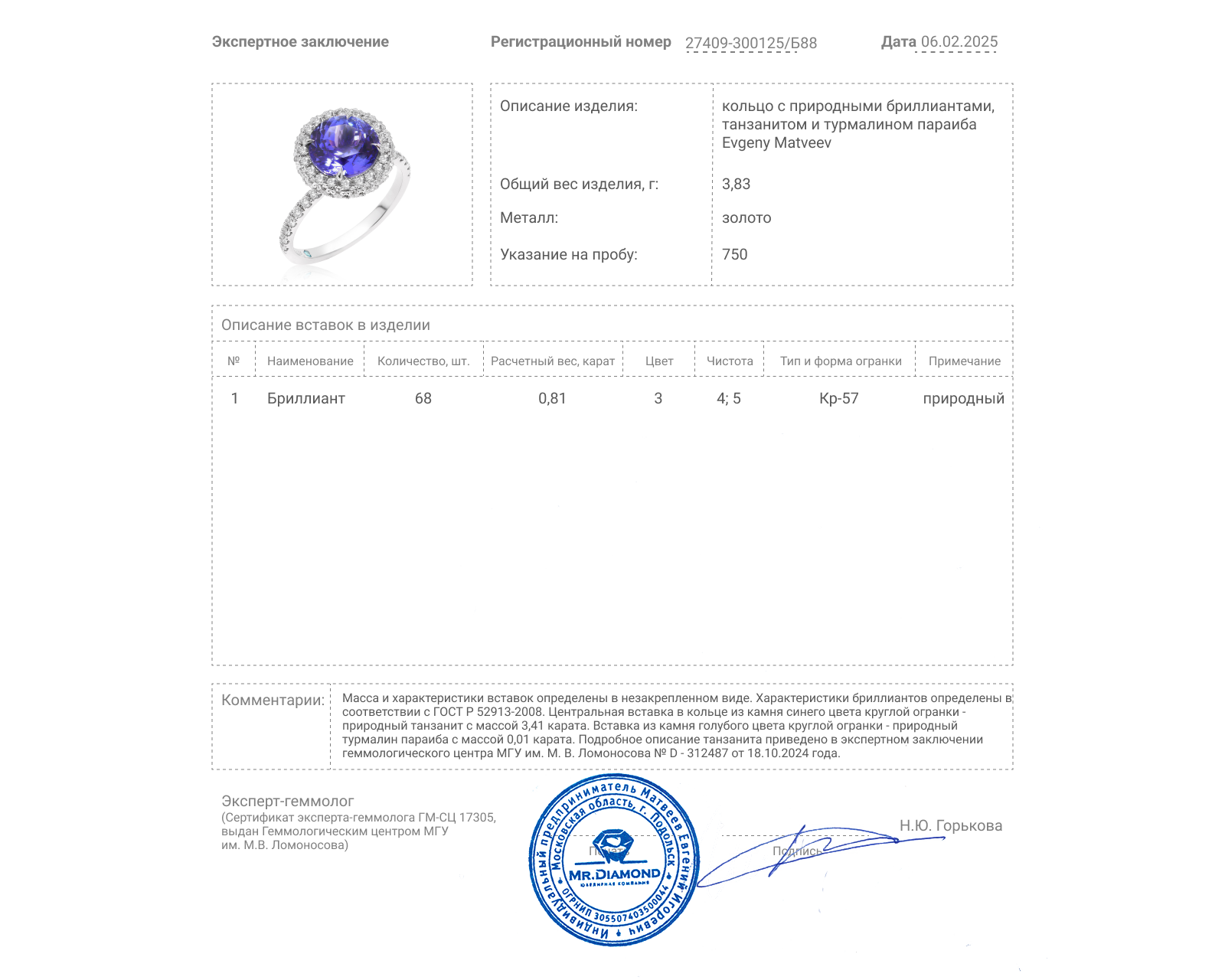 Золотое кольцо с танзанитом 3.41ct Evgeny Matveev