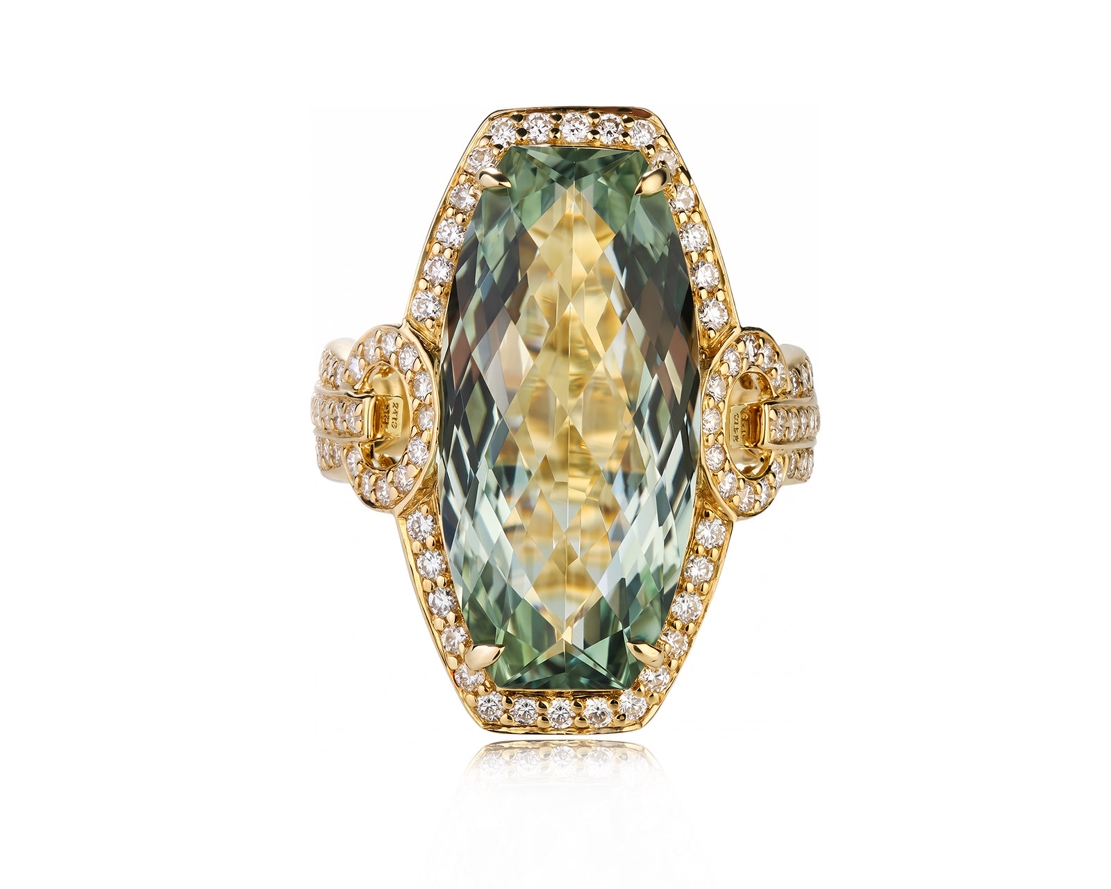 Золотое кольцо с празиолитом 12.47ct и бриллиантами 0.83ct