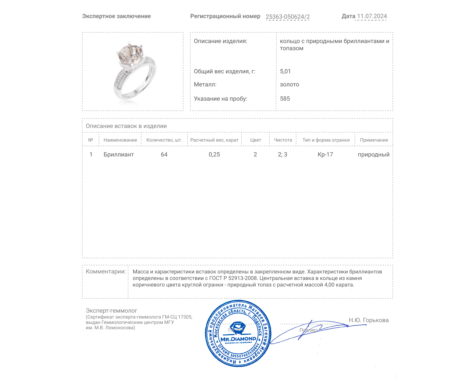 Золотое кольцо с топазом 4.00ct и бриллиантами 0.25ct