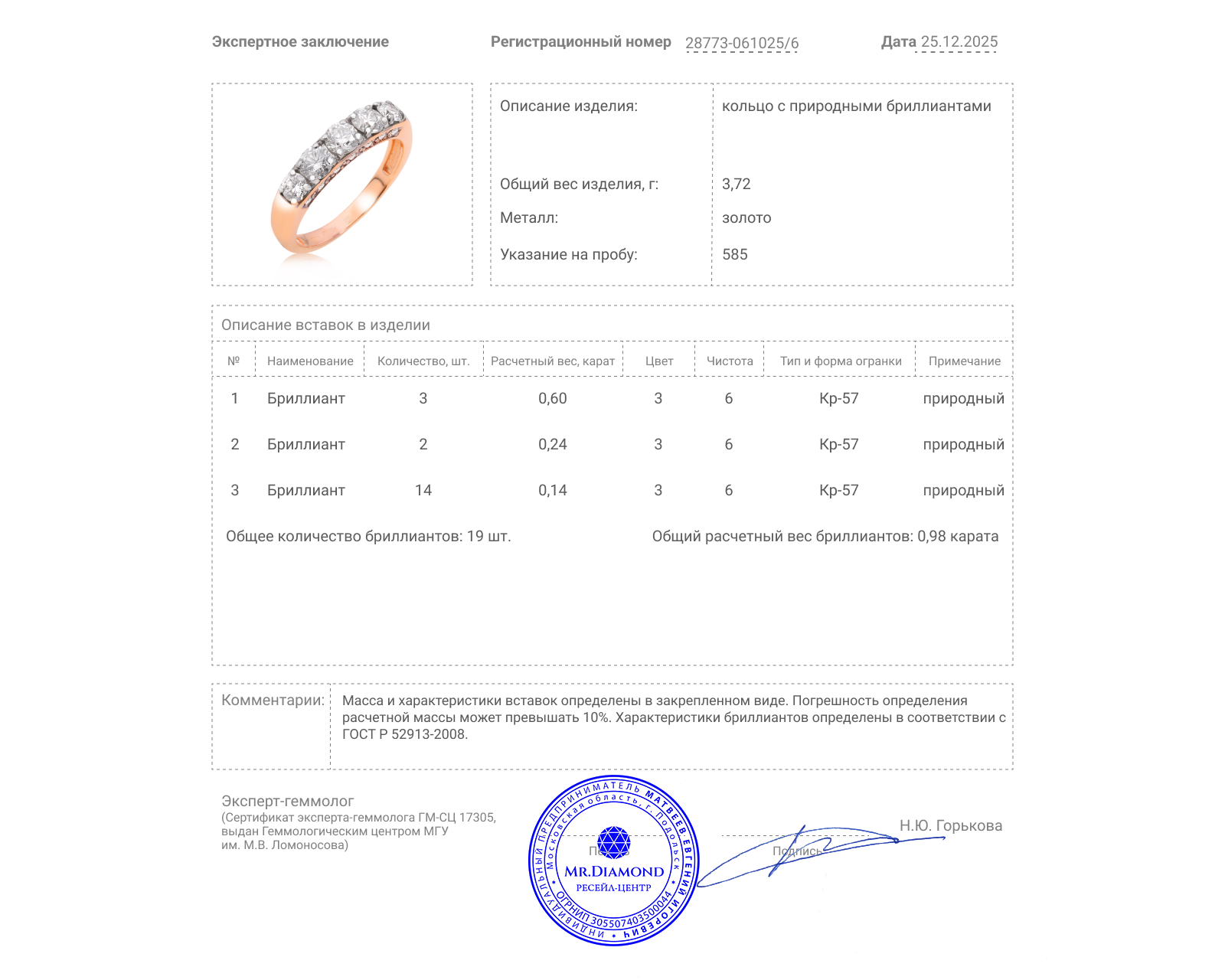 Золотое кольцо с бриллиантами 0.98ct