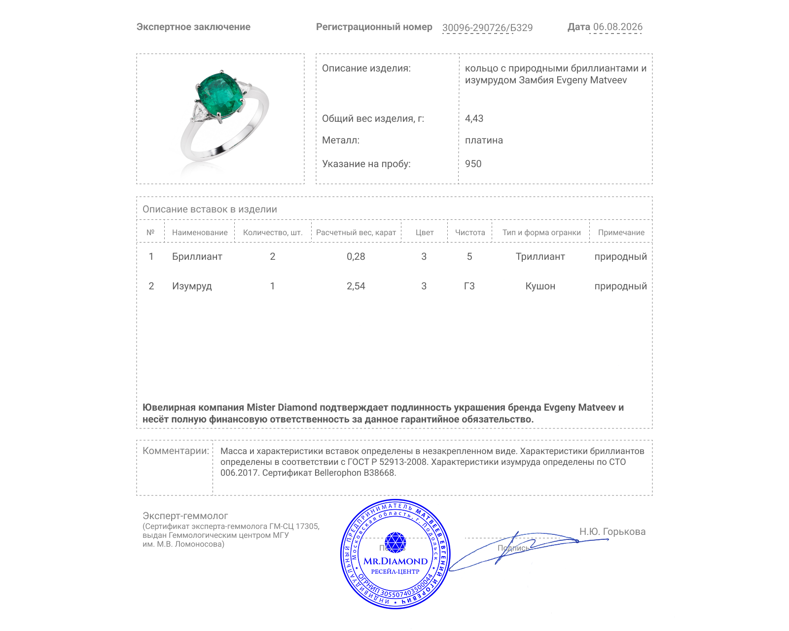 Платиновое кольцо с изумрудом Замбия 2.54ct Evgeny Matveev