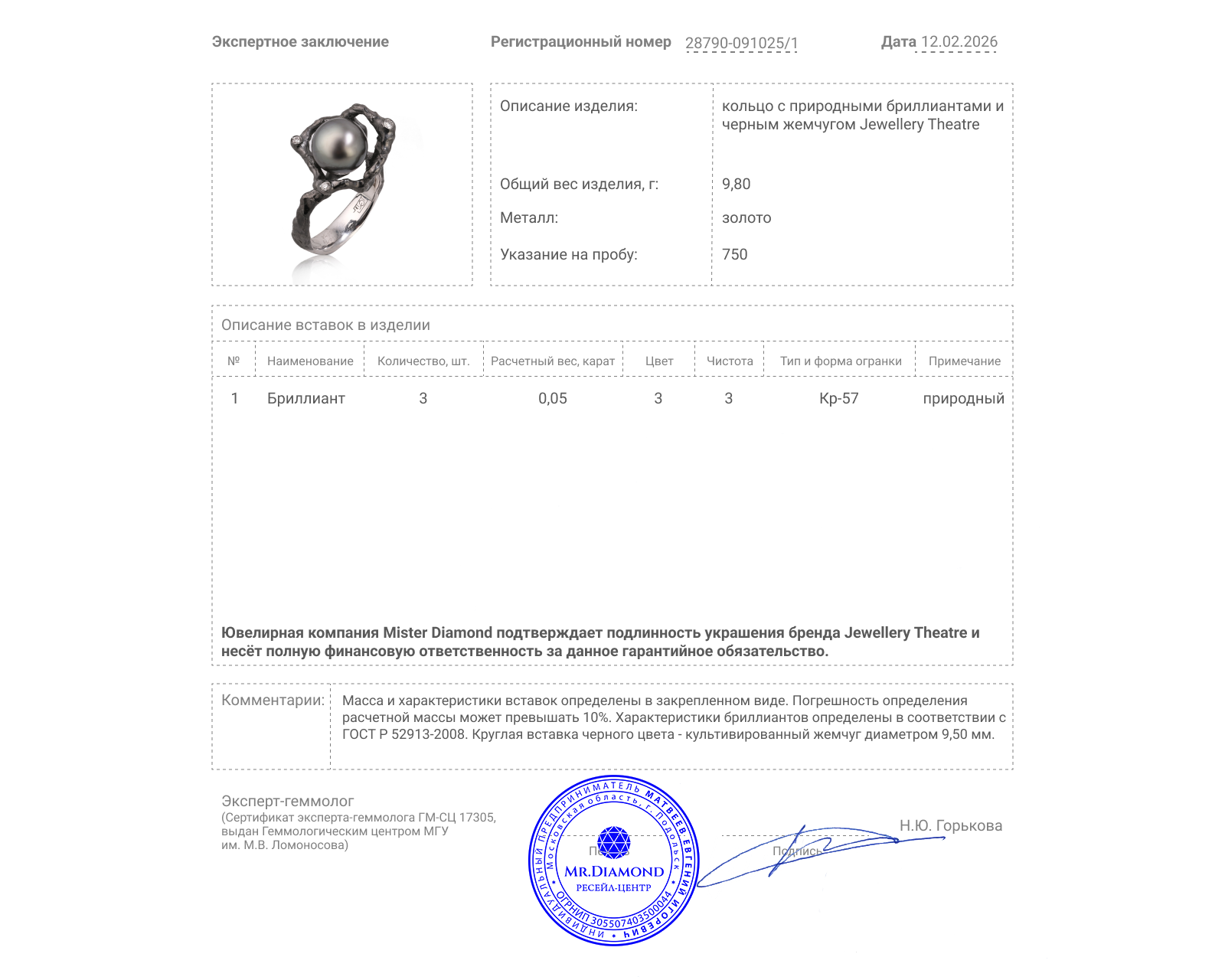 Оригинальное золотое кольцо с жемчугом 9.50 мм Jewellery Theatre Eden