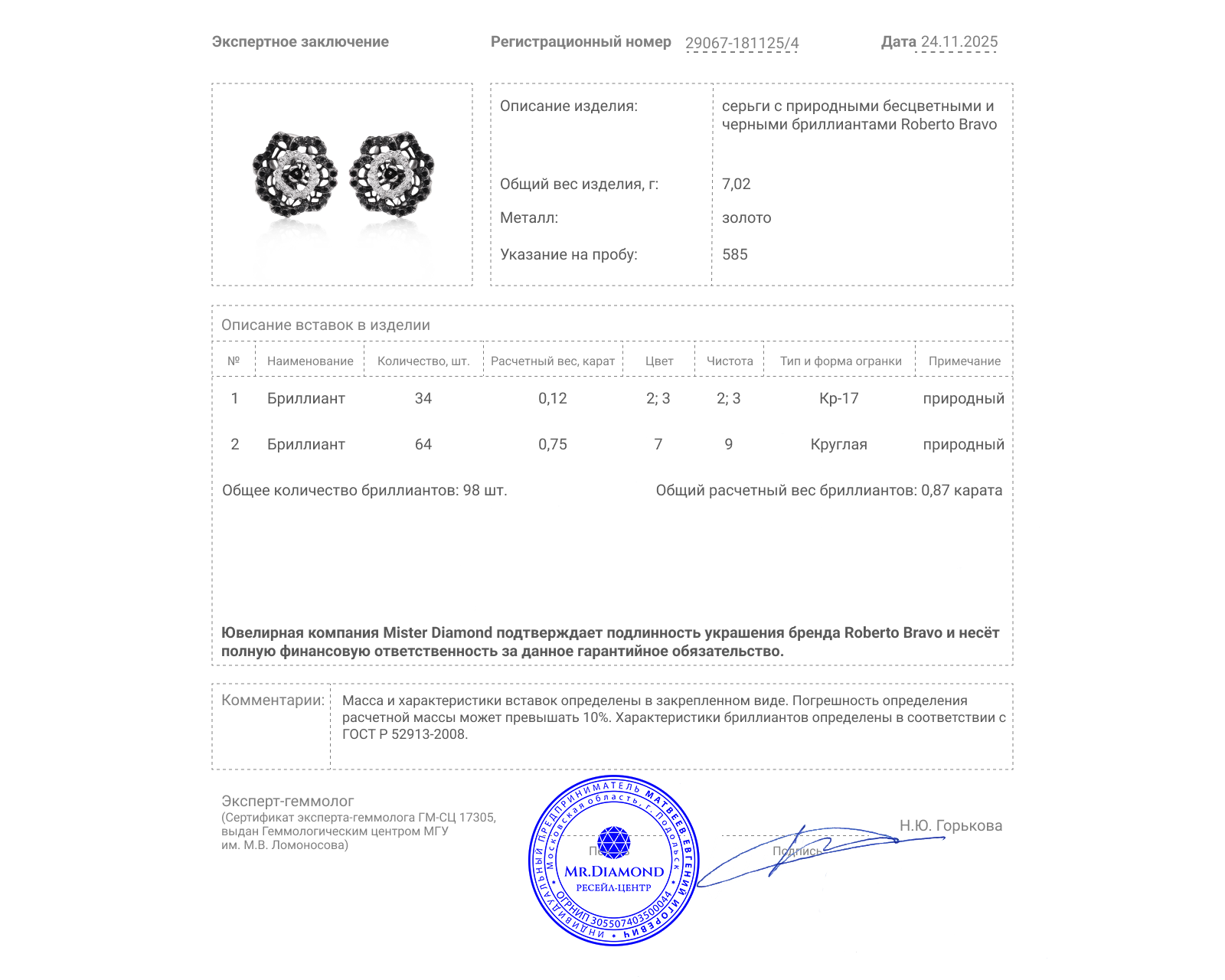 Оригинальные золотые серьги с бриллиантами 0.87ct Roberto Bravo