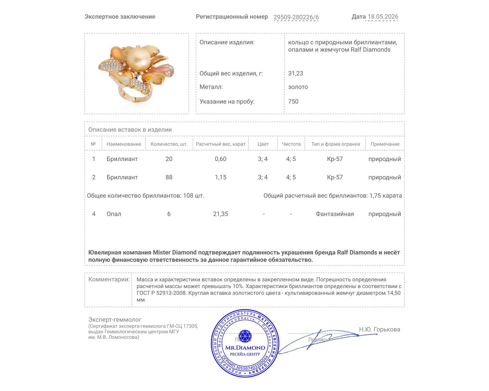 Оригинальное золотое кольцо с опалами 21.35ct Ralf Diamonds