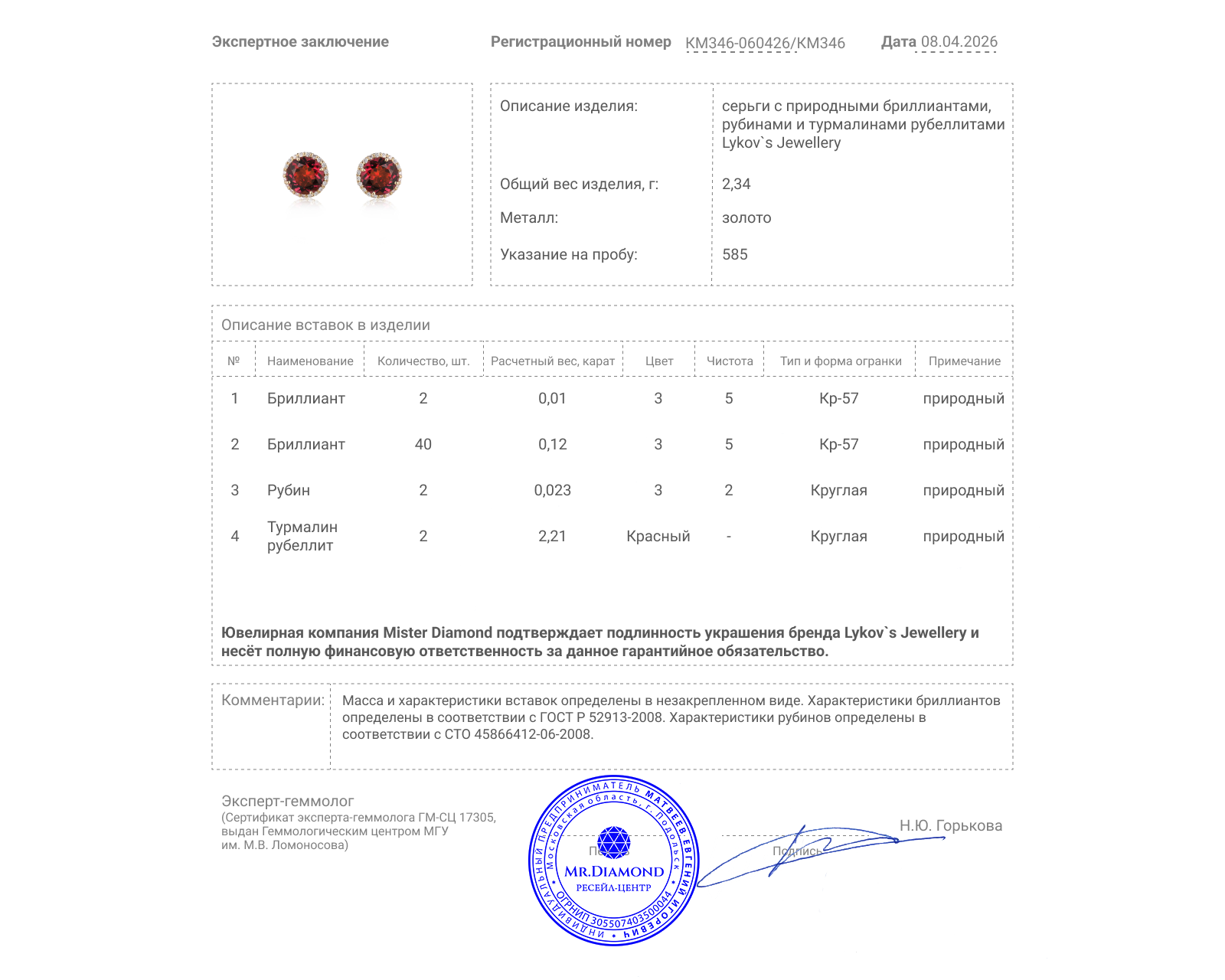 Оригинальные золотые серьги с турмалинами рубеллитами 2.21ct Lykov`s Jewellery