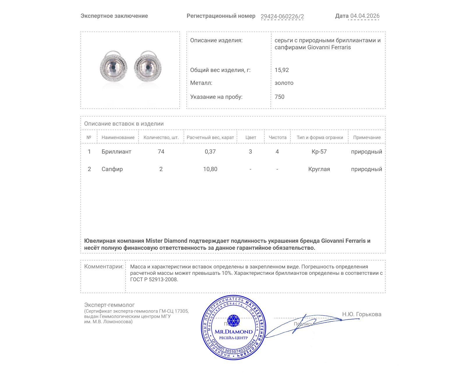 Оригинальные золотые серьги с сапфирами 10.80ct Giovanni Ferraris