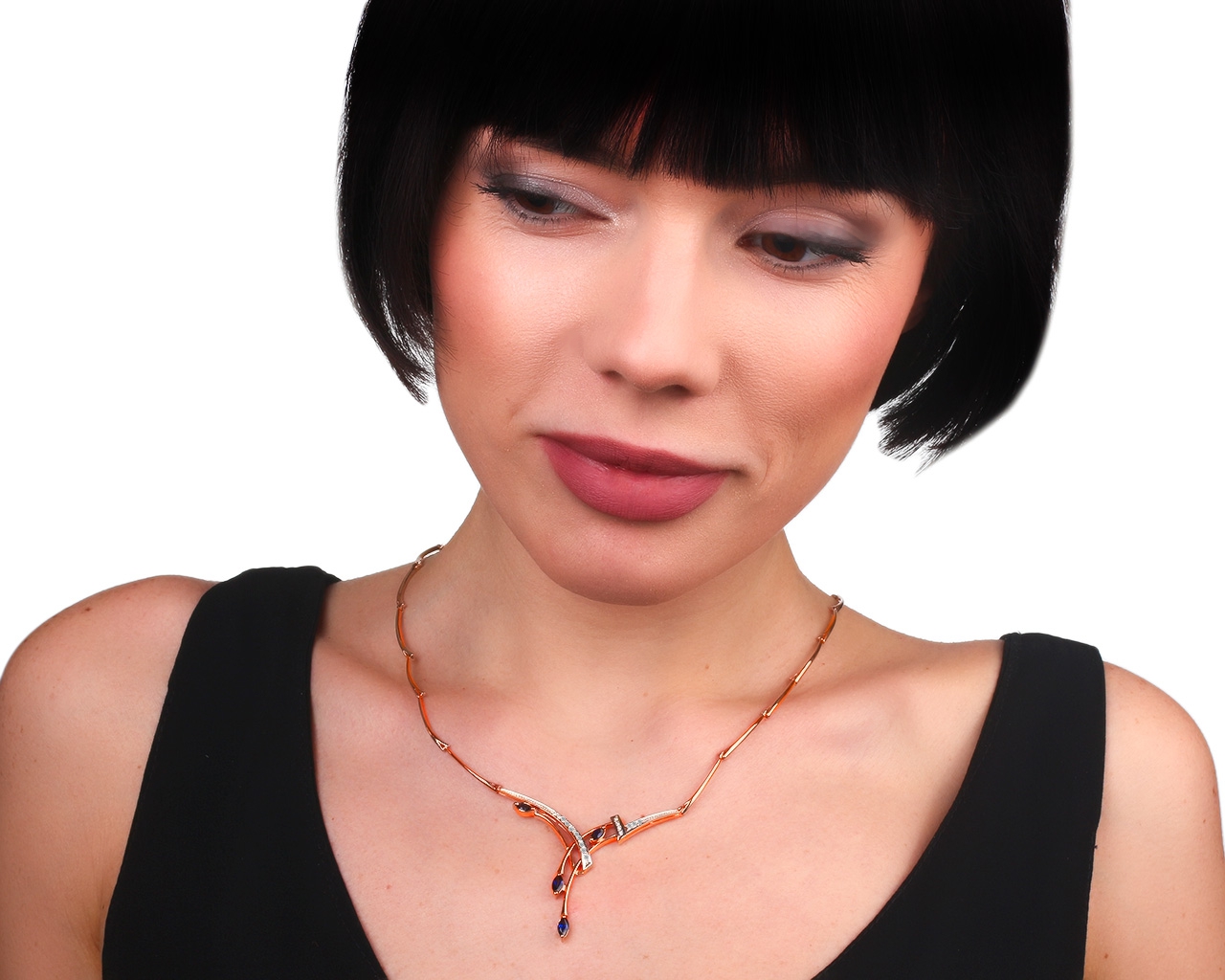 Золотое колье с бриллиантами 0.17ct и сапфирами 0.76ct