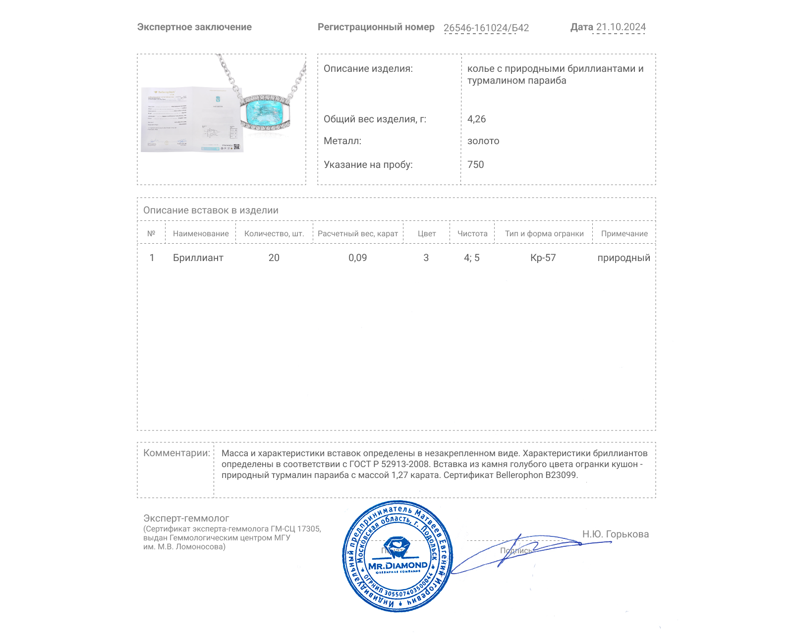 Золотое колье с турмалином параиба 1.27ct Evgeny Matveev