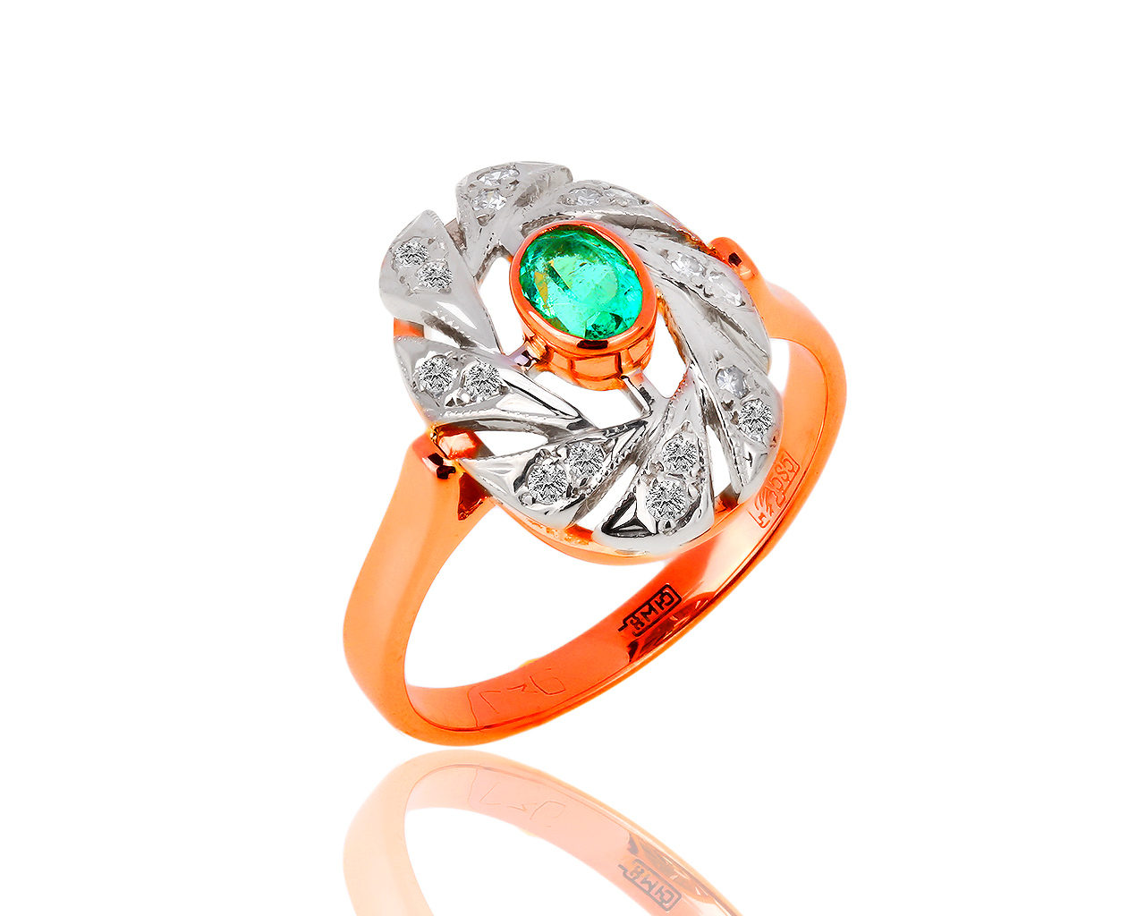 Золотое кольцо с бриллиантами 0.12ct и изумрудом 0.26ct 120818/2