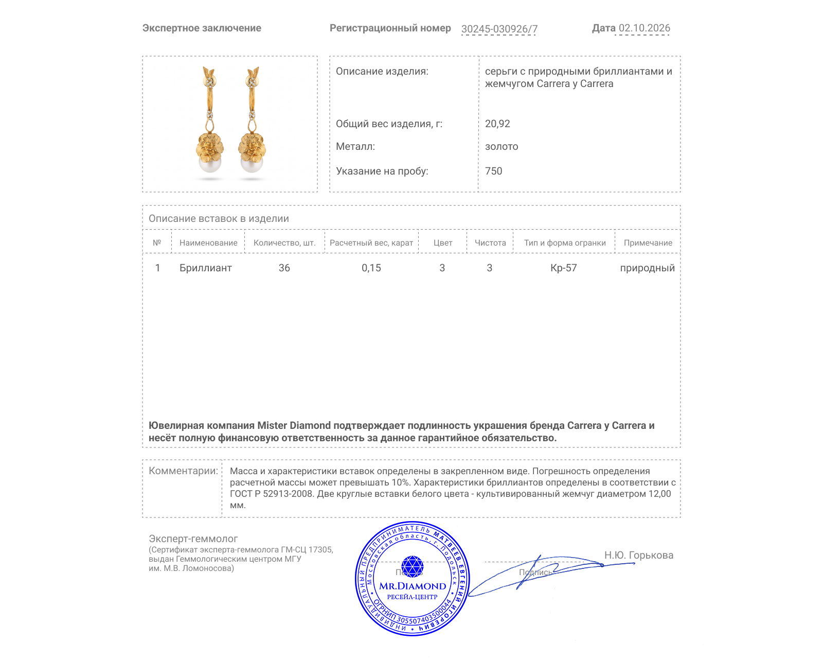 Оригинальные золотые серьги с жемчугом 12.00 мм Carrera y Carrera Gardenias