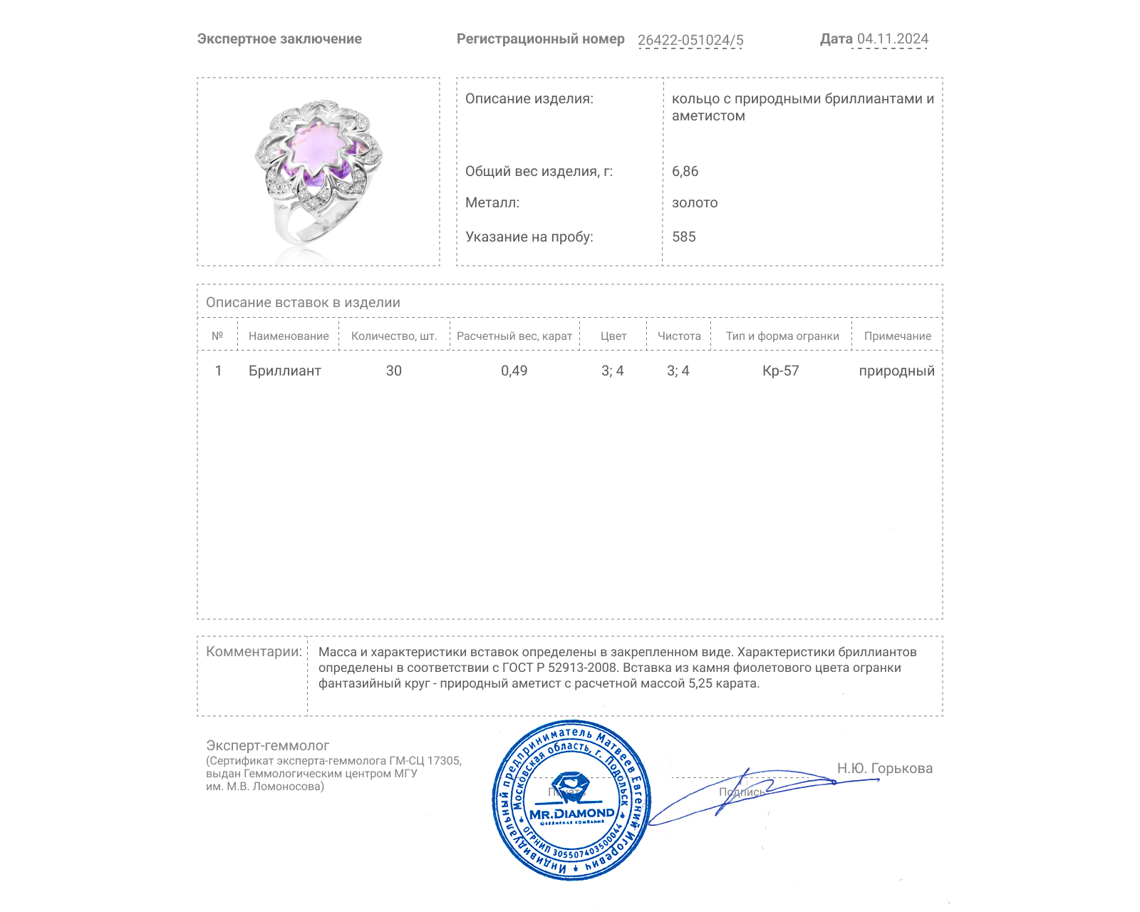 Золотое кольцо с аметистом 5.25ct и бриллиантами 0.49ct