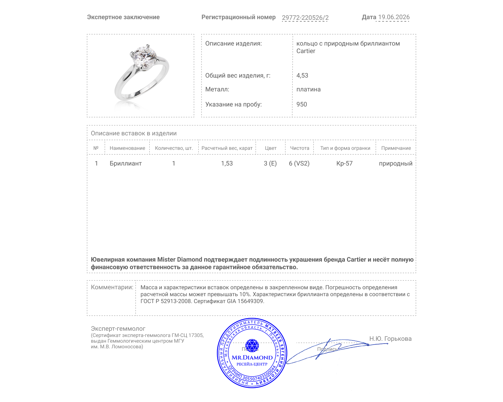 Оригинальное платиновое кольцо с бриллиантом 1.53ct Cartier 1895 Solitaire