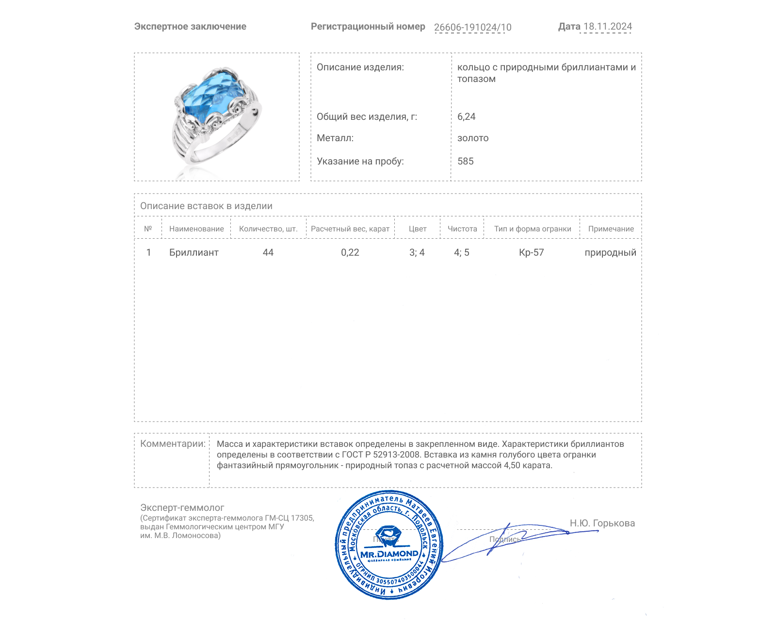 Золотое кольцо с топазом 4.50ct и бриллиантами 0.22ct