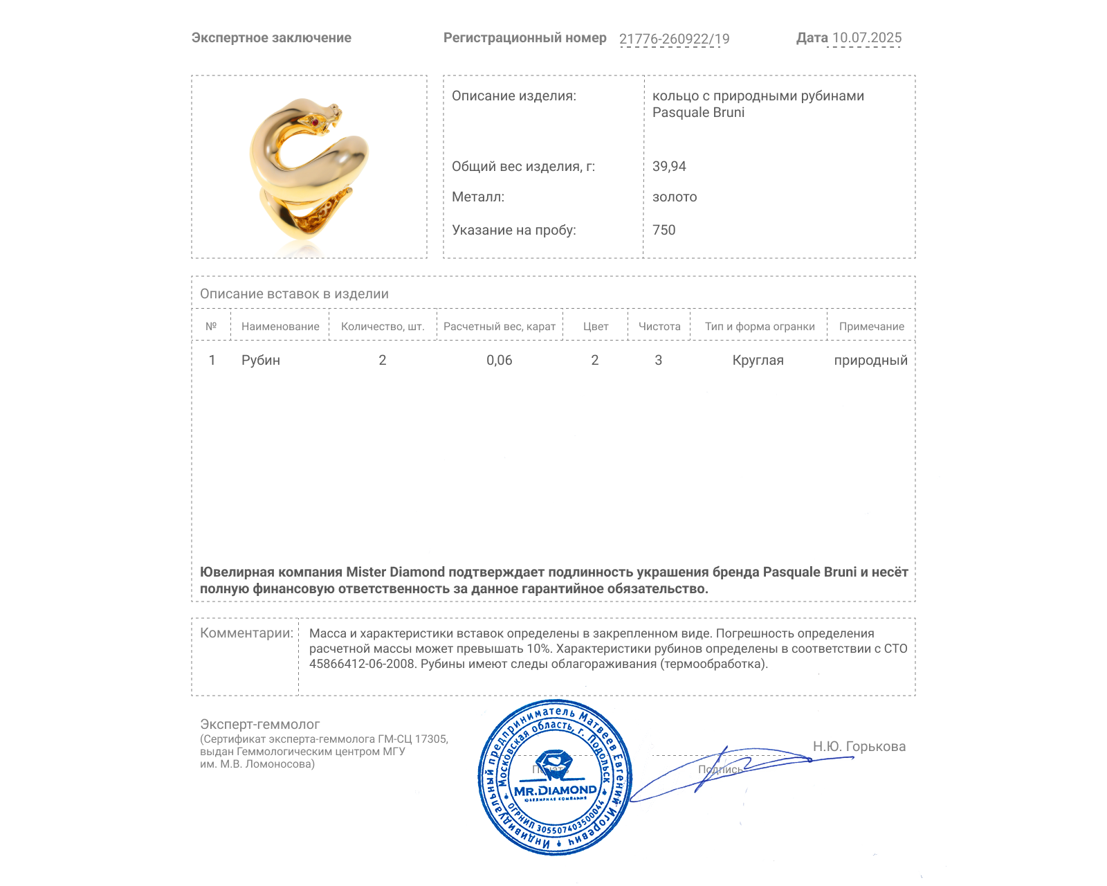 Оригинальное золотое кольцо с рубинами 0.06ct Pasquale Bruni Il Peccato