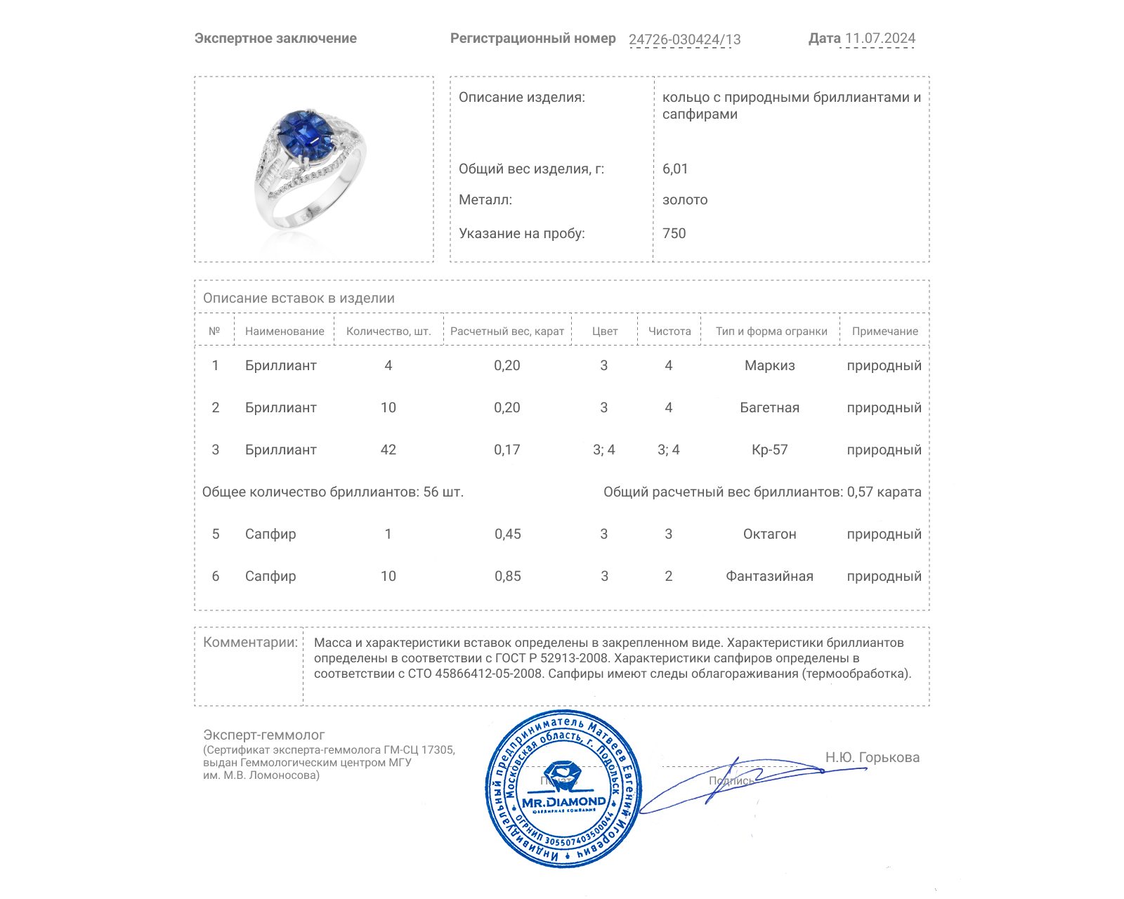 Золотое кольцо с сапфирами 1.30ct и бриллиантами 0.57ct