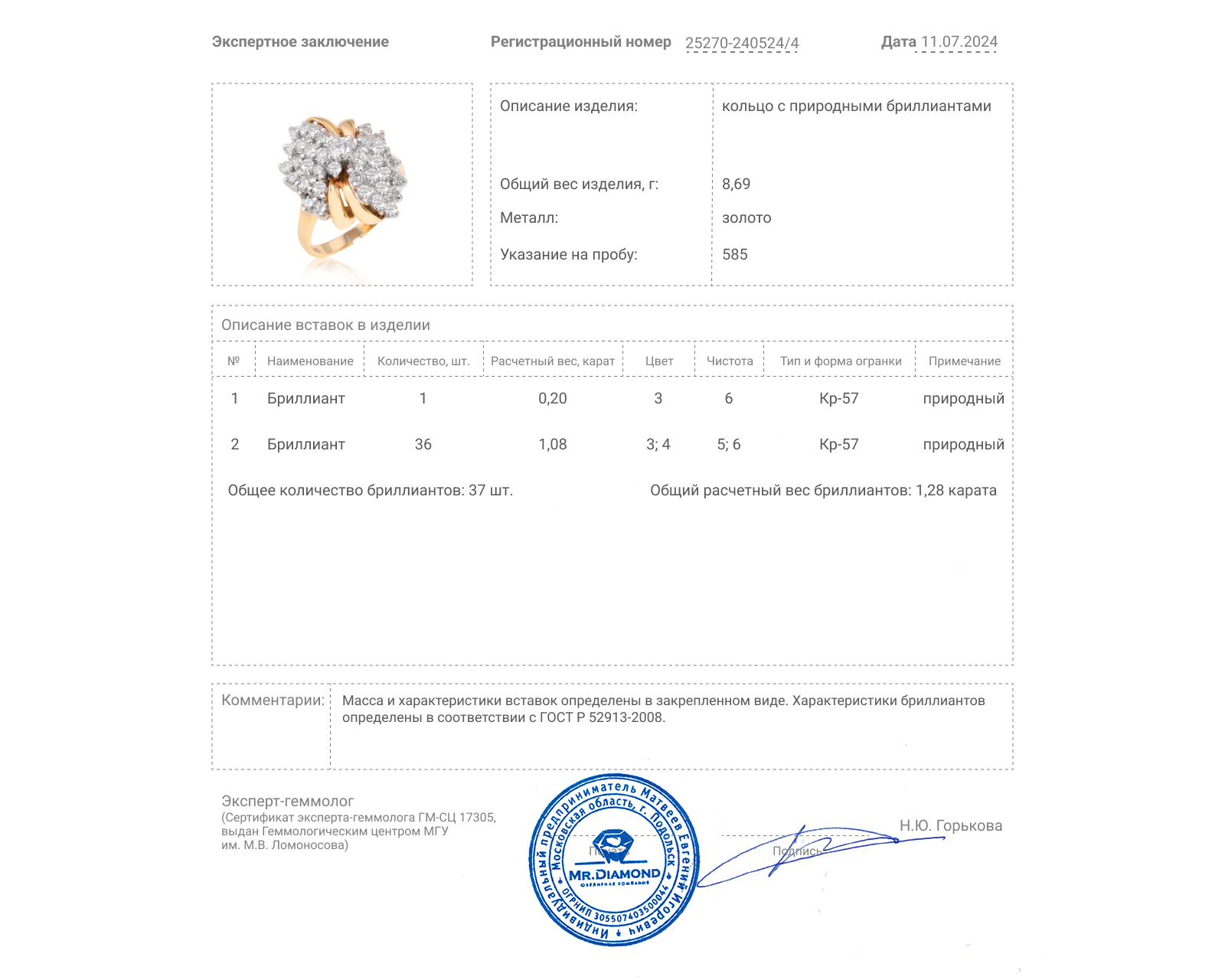 Золотое кольцо с бриллиантами 1.28ct