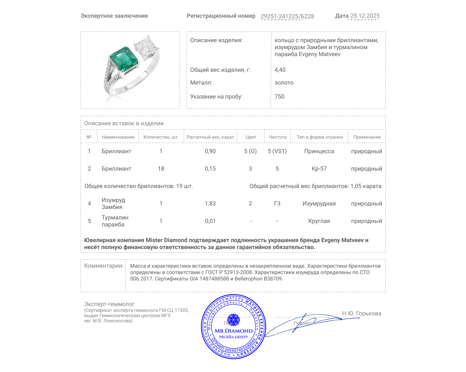 Золотое кольцо с изумрудом Замбия 1.83ct Evgeny Matveev Toi et Moi